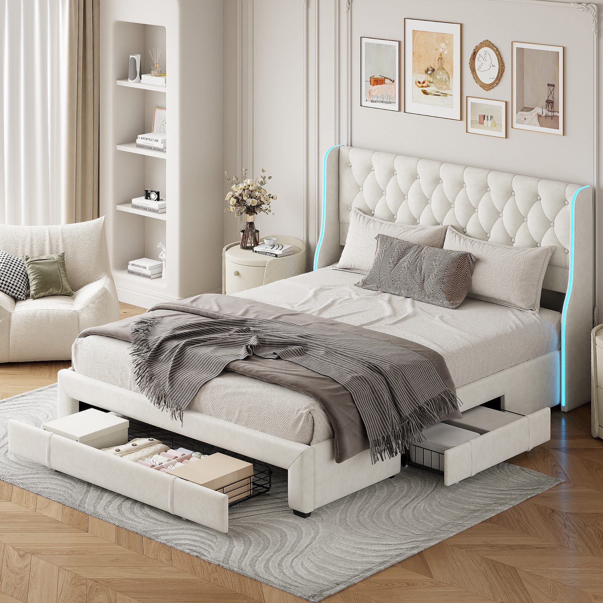 FUROKOY Stauraumbett Polsterbett Doppelbett mit 3 günstig online kaufen