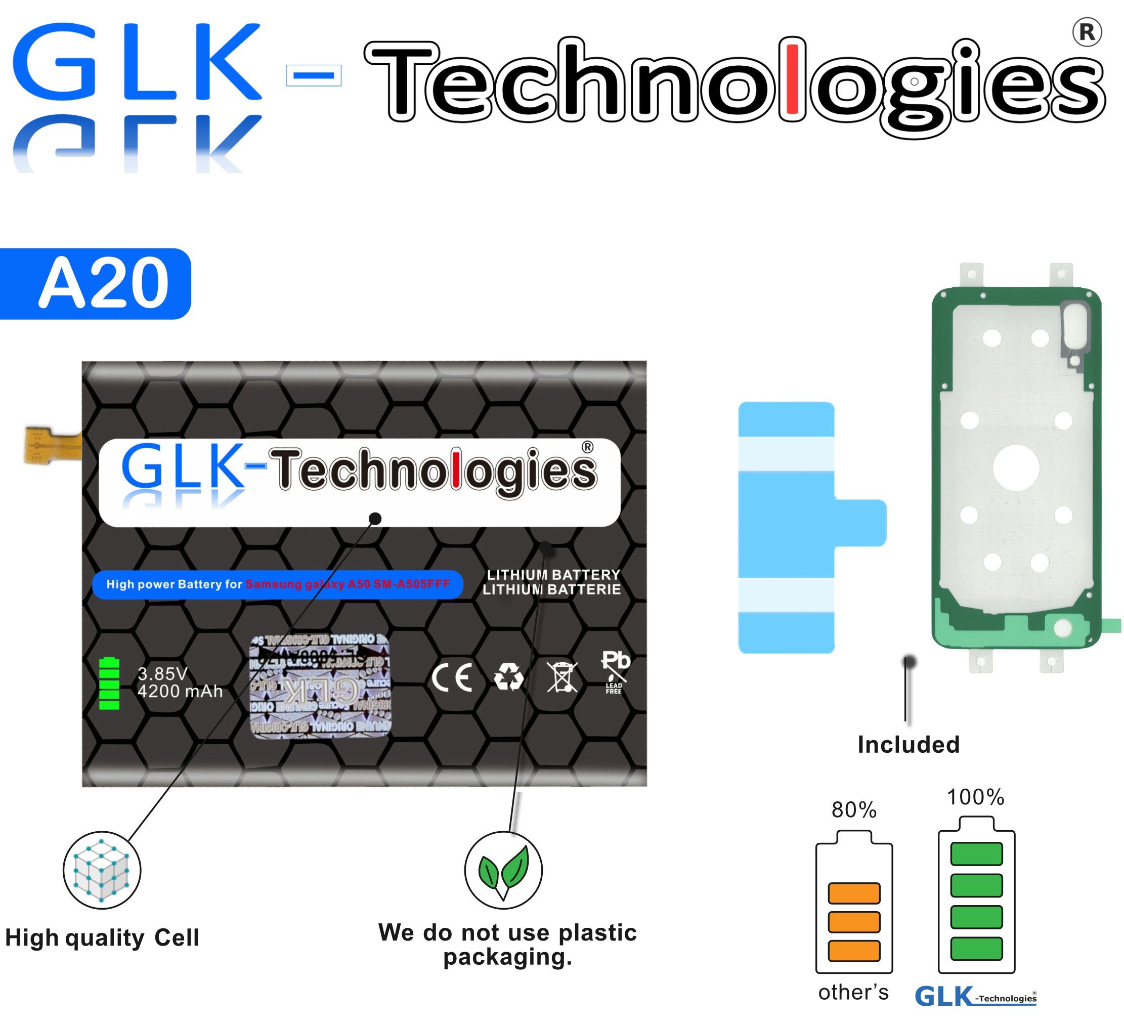 GLK-Technologies High Power Ersatzakku kompatibel mit Samsung Galaxy A20 A205F EB-BA505ABU, Original GLK-Technologies Battery, accu, 4200 mAh Akku, inkl. 2X Klebebandsätze Handy-Akku (3.85 V)