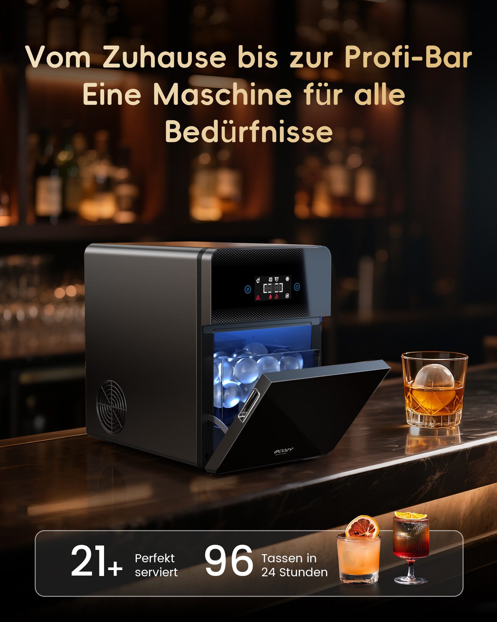 eCozy Eiswürfelmaschine für kristallklare Eiskugeln Ø 60 mm, extragroß, 3 Eiskugeln in 45 Min, Selbstreinigung, Duale Wasserzufuhr, LED-Display, 96 Eiskugeln/Ta – Bild 4 von 5