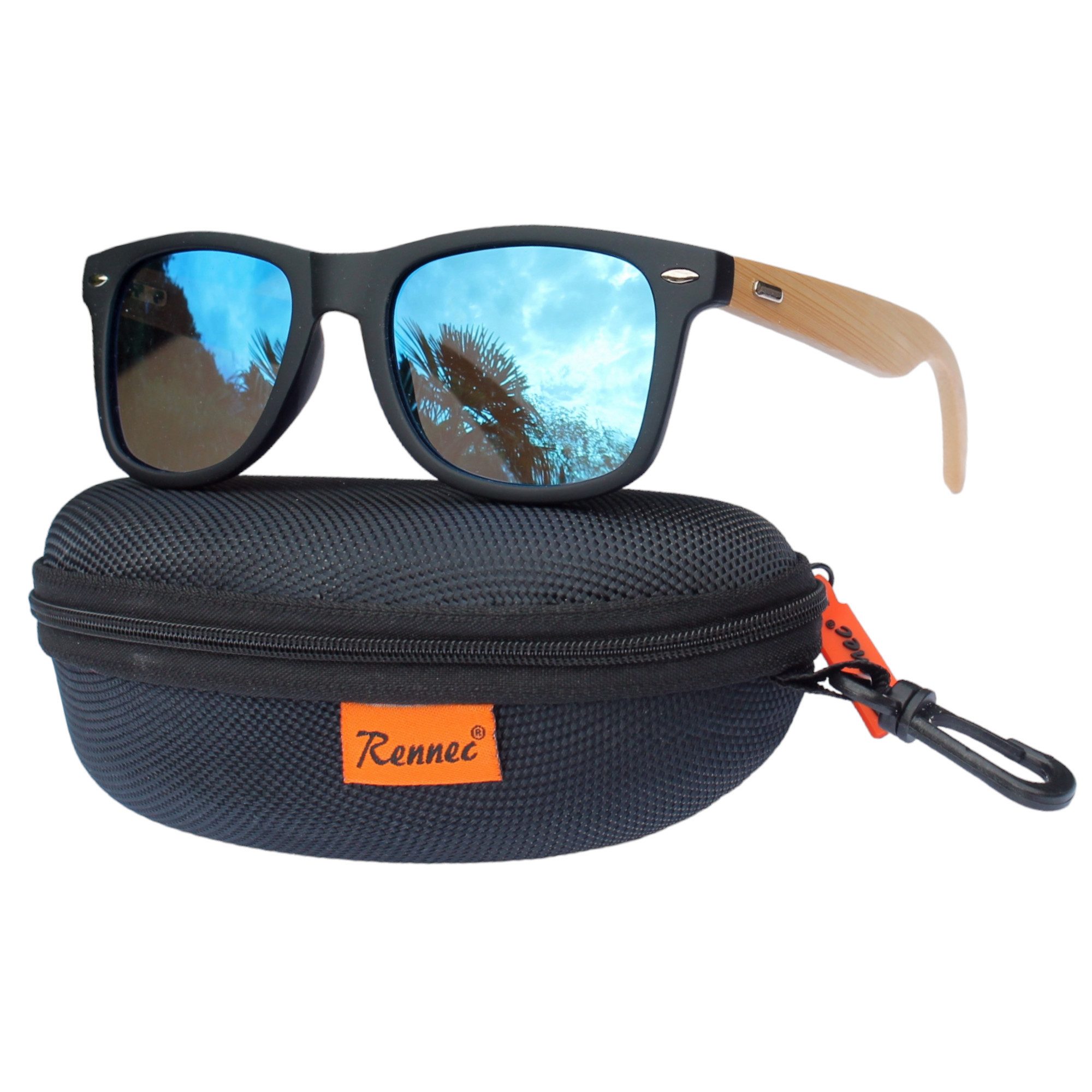 Rennec Sonnenbrille (Brille mit Bambus Holz Bügel und Brillenbox) Retro Brille mit Polarisierten Verspiegelten Gläsern