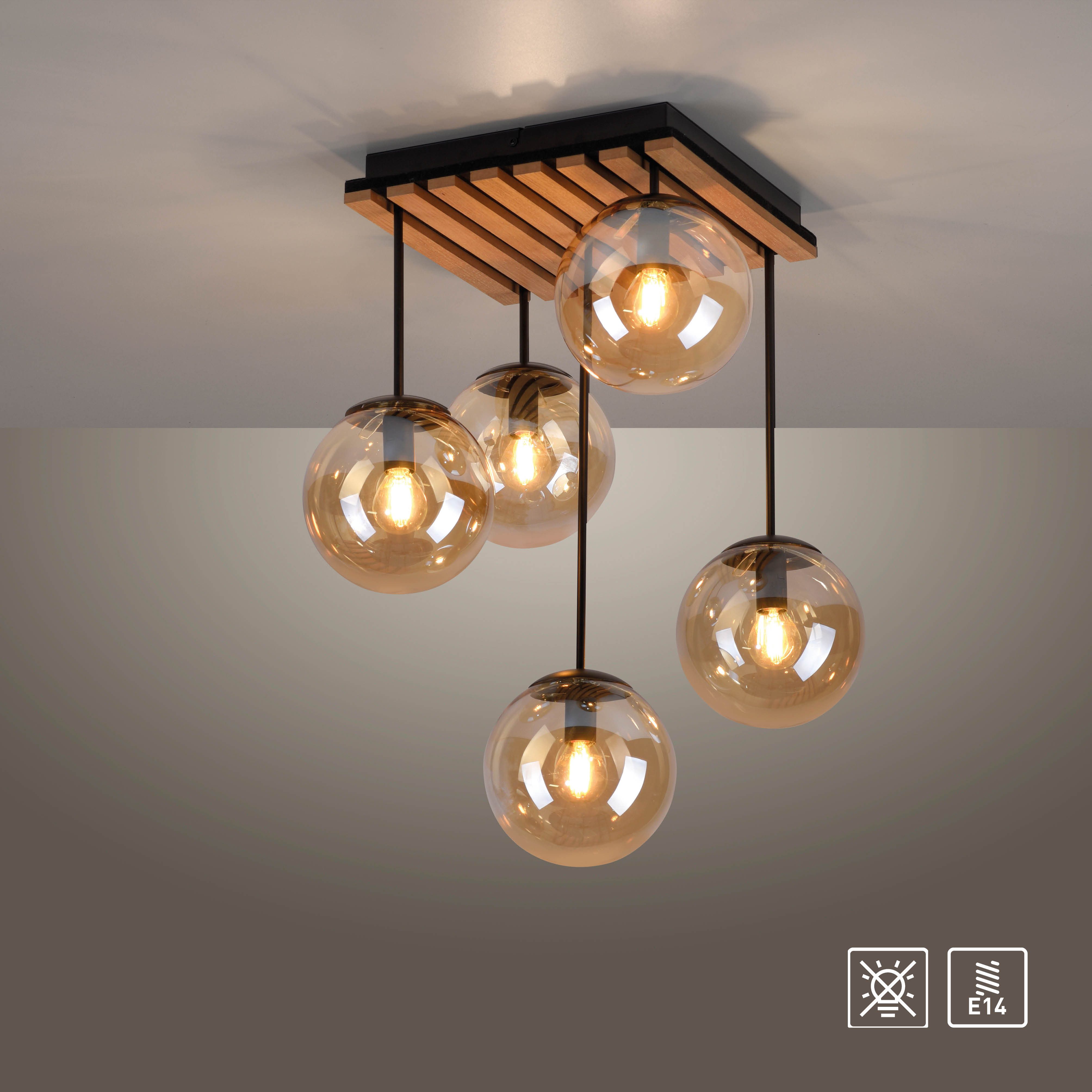 OTTO home Deckenleuchte Evinnia Akustikpaneele mit Glaskugeln, ohne Leuchtmittel, Leuchtmittel wechselbar, Warmweiß, Holz, Akustik, Paneele, Glas, Deckenlampe E14