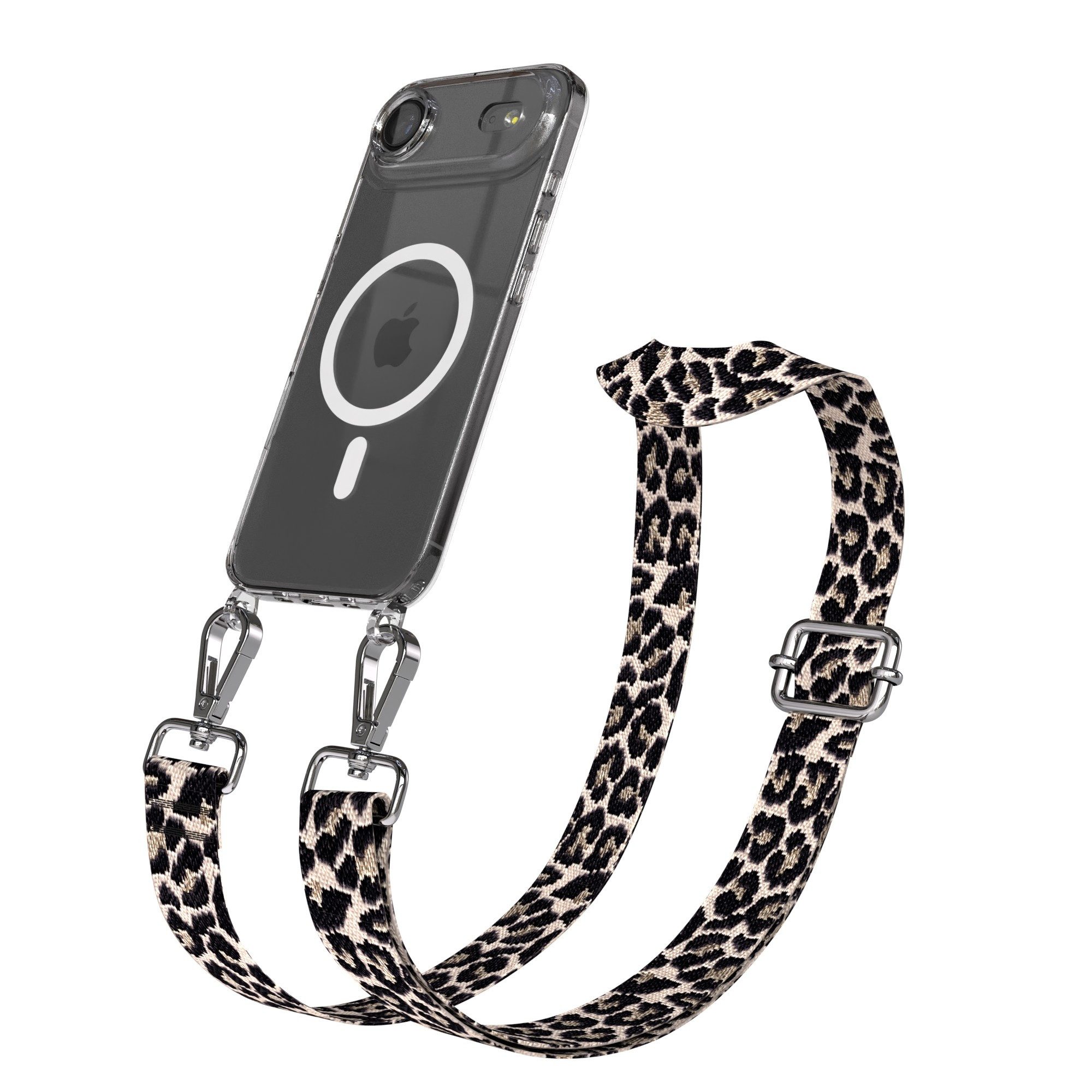 EAZY CASE Handykette Umhängeband MagSafe Hülle für Apple iPhone Air 6,5 Zoll, Cross Bag Handytaschenband Leo klare Hülle Silicon 2in1 Beige Schwarz