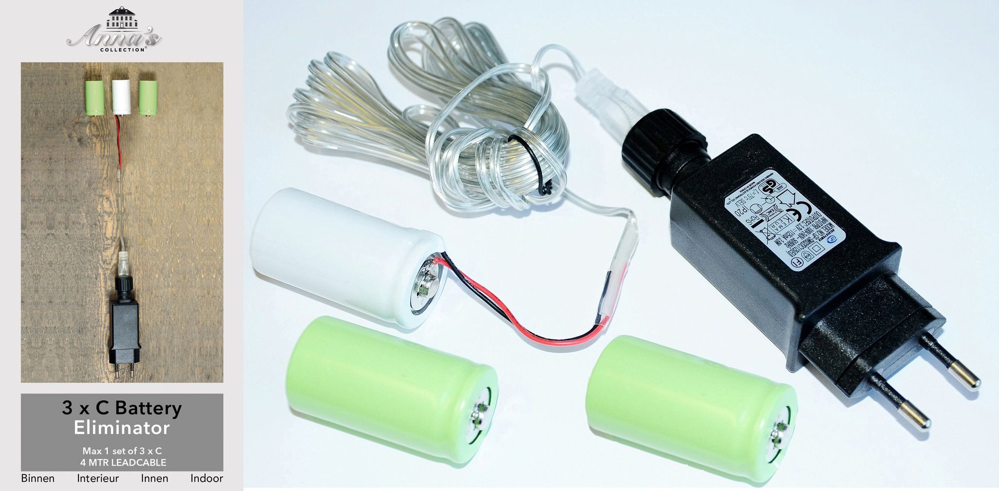 Coen Bakker Deco BV Batterie Netzteil Adapter 3x C Baby LR14 Batterien 4,5V Adapter, 400 cm, für LED-Geräte