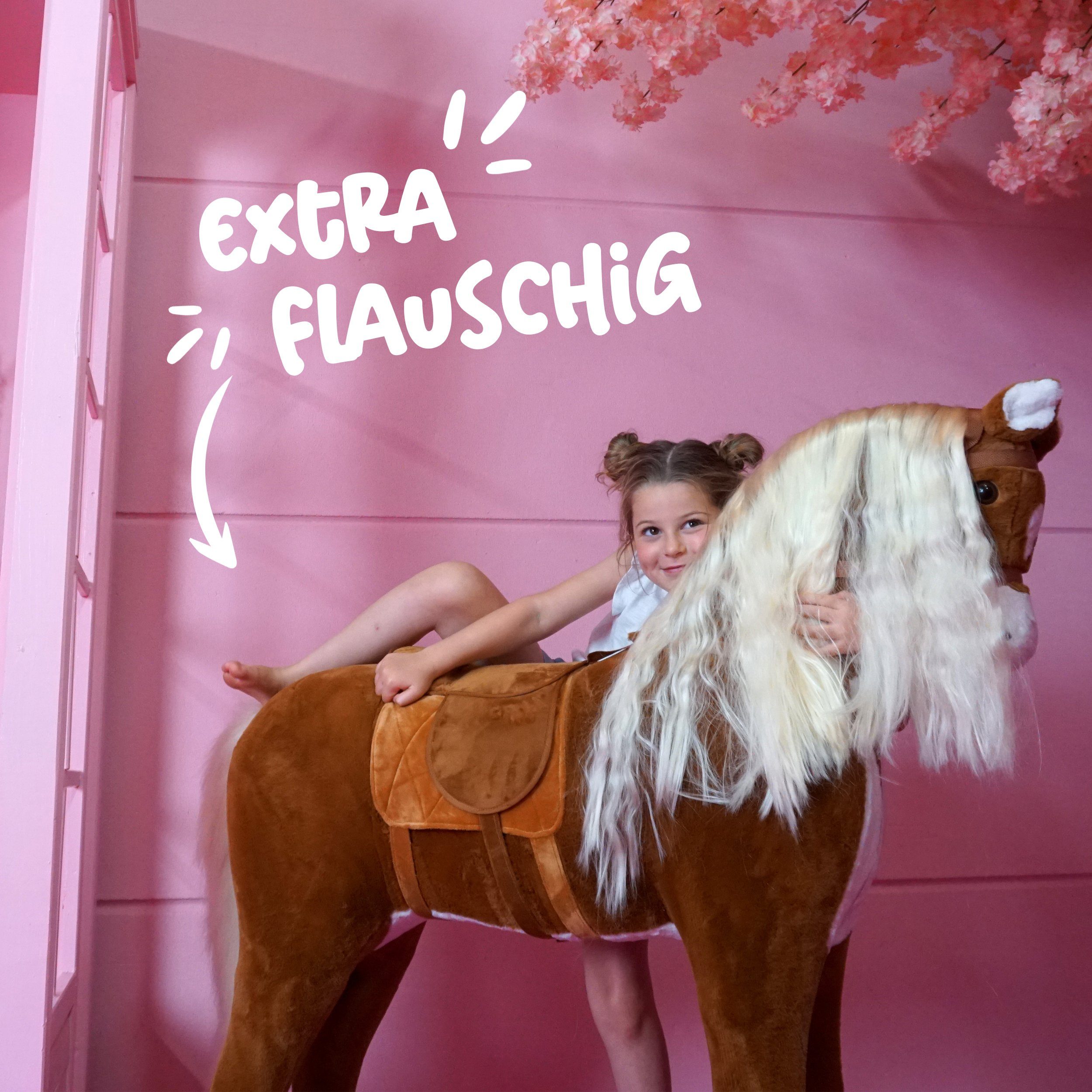 Pink Papaya Stehpferd Giant XXL 125 cm Kinder Stehpferd zum Reiten Plüschpferd, Fast lebensgroßes Spielpferd mit Sounds bis 100kg belastbar