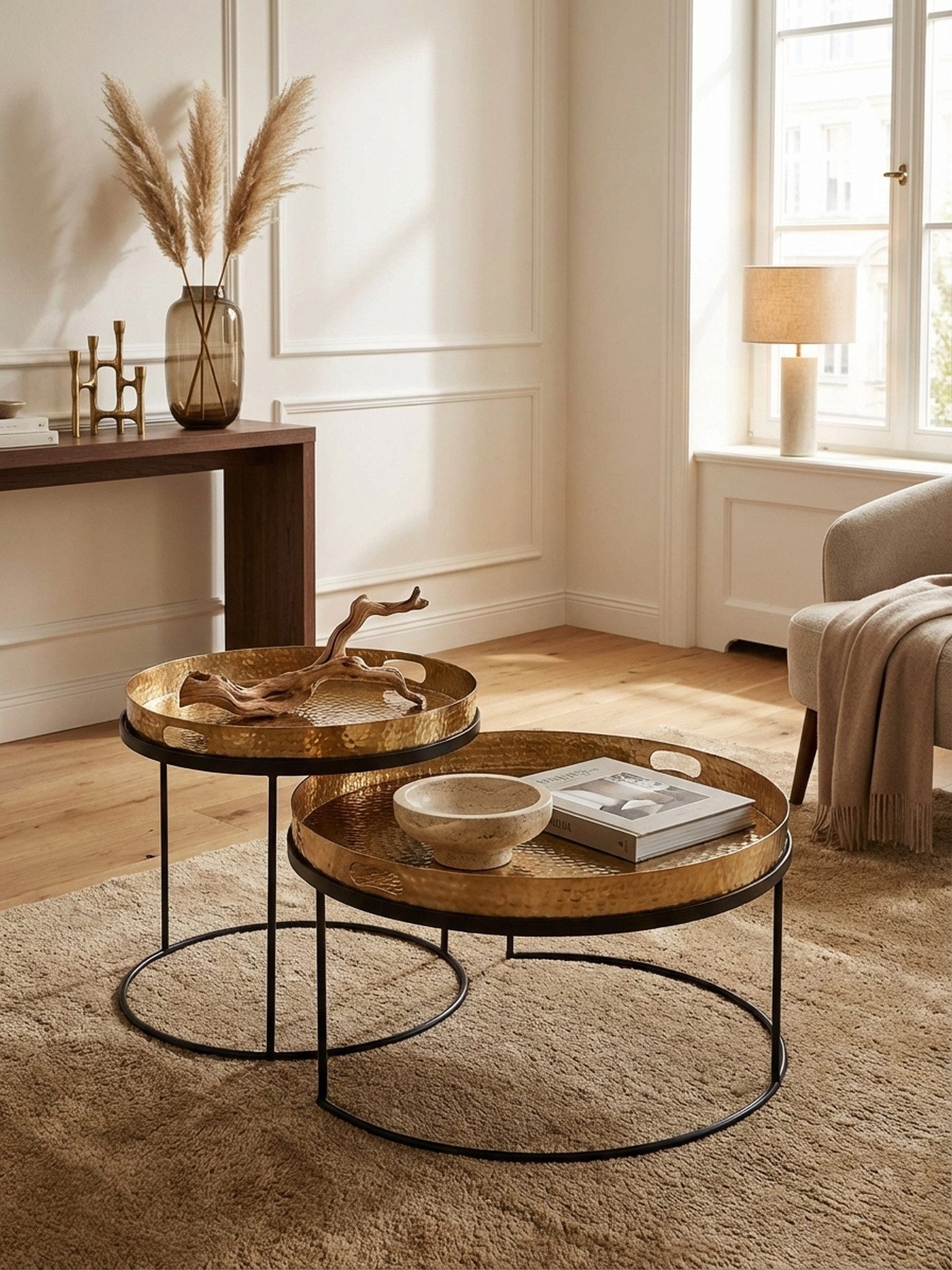 KADIMA DESIGN Satztisch Couchtisch 2er Set Gold / Schwarz Metall Hammerschlag Satztisch Rund, (Runder Beistelltisch), Sofatisch abnehmbares Tablett, Tabletttisch Sofa 2 teilig Modern