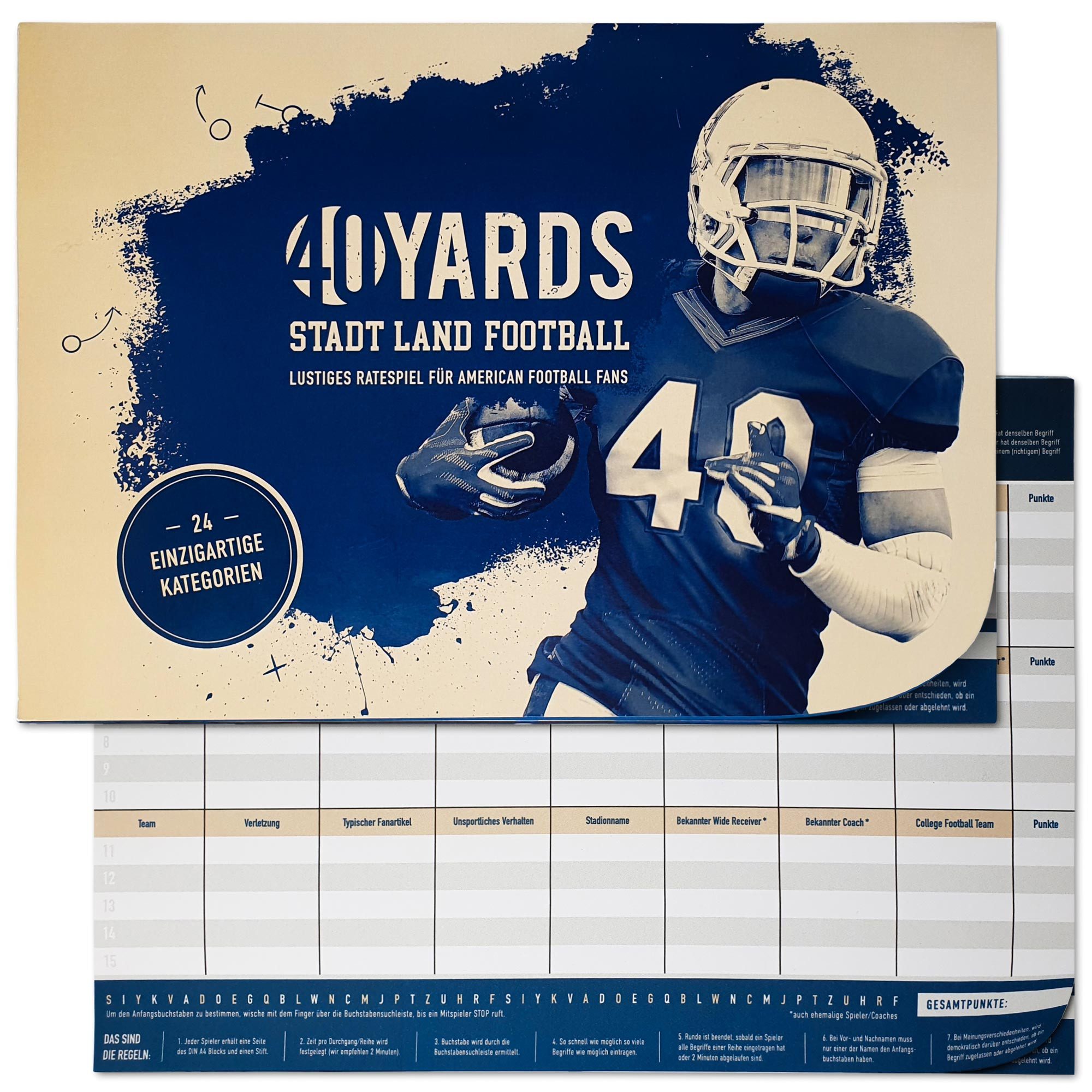 40YARDS Spiel Stadt Land Football: American Football Quiz (DIN A4 Block; 50 Blatt), Gesellschaftsspiel, Made in Germany