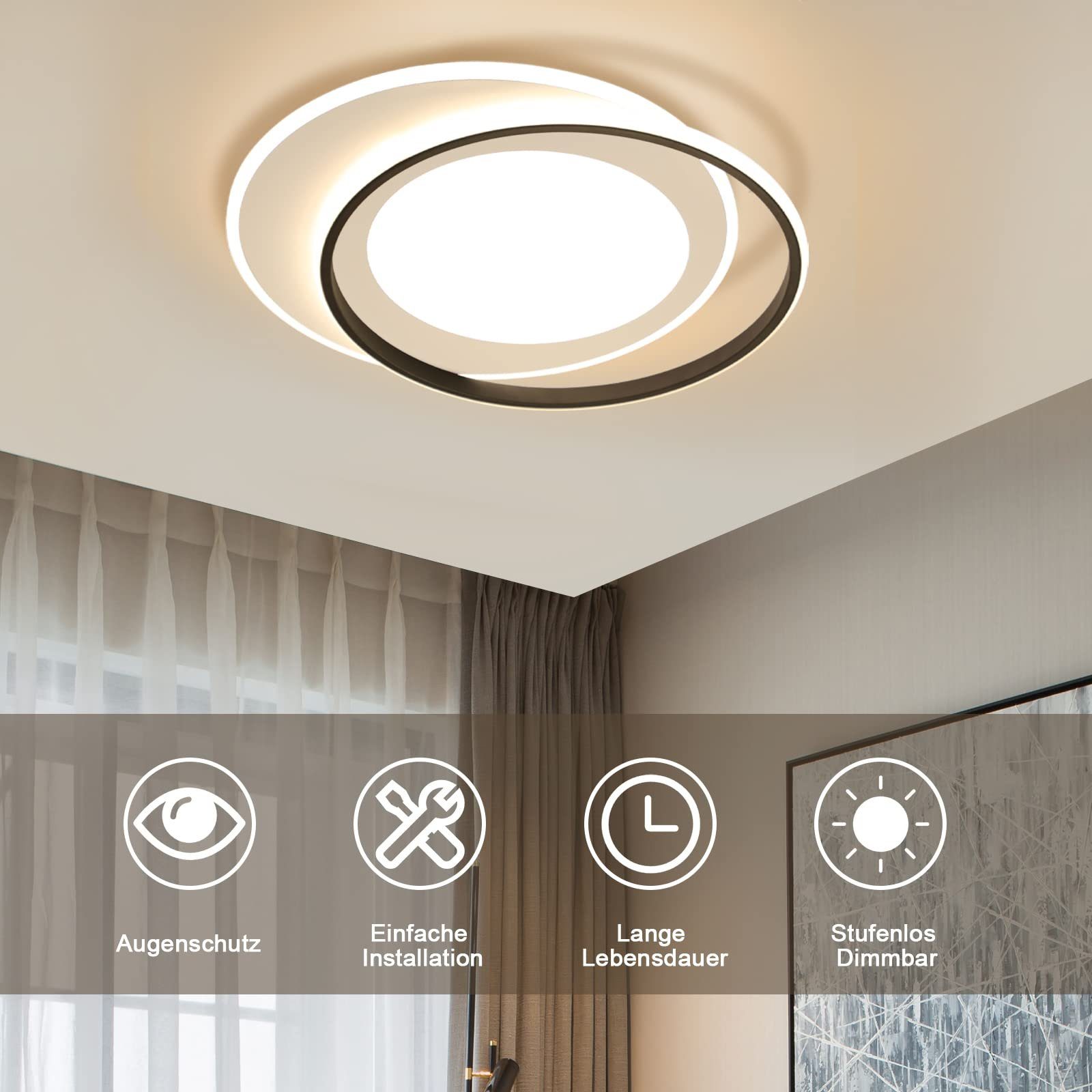 mit Ring Acryl-Lampe fest LED Schwarz-Weiß, ZMH integriert, 66W Modern Fernbedienung, warmweiß-kaltweiß, Desgin LED Deckenleuchte Doppelter