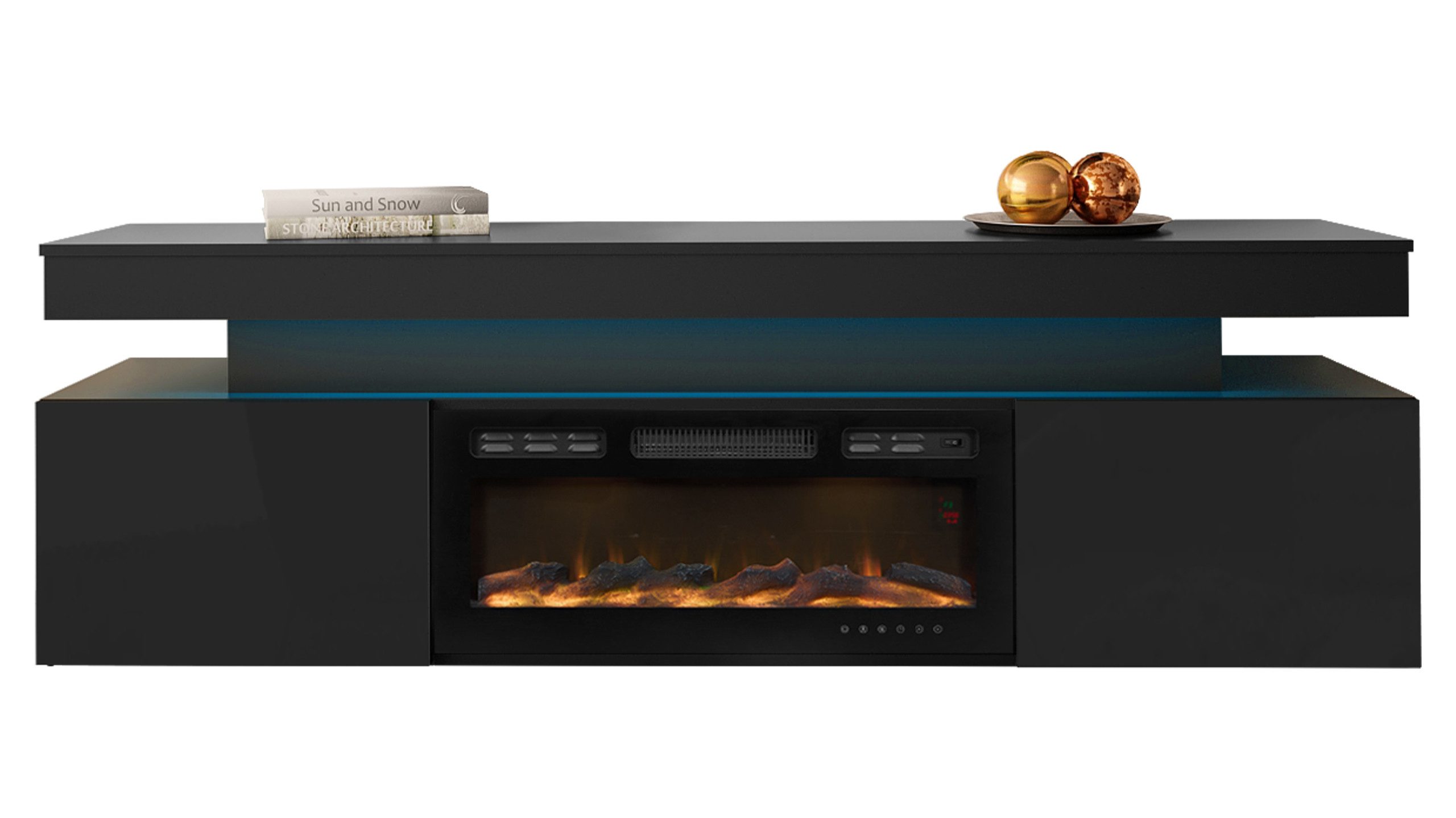 MIRJAN24 TV-Schrank EF 2D Glossa mit Kamin (mit zwei Drehtüren) mit blauer LED-Beleuchtung, Realistische LED-Flamme