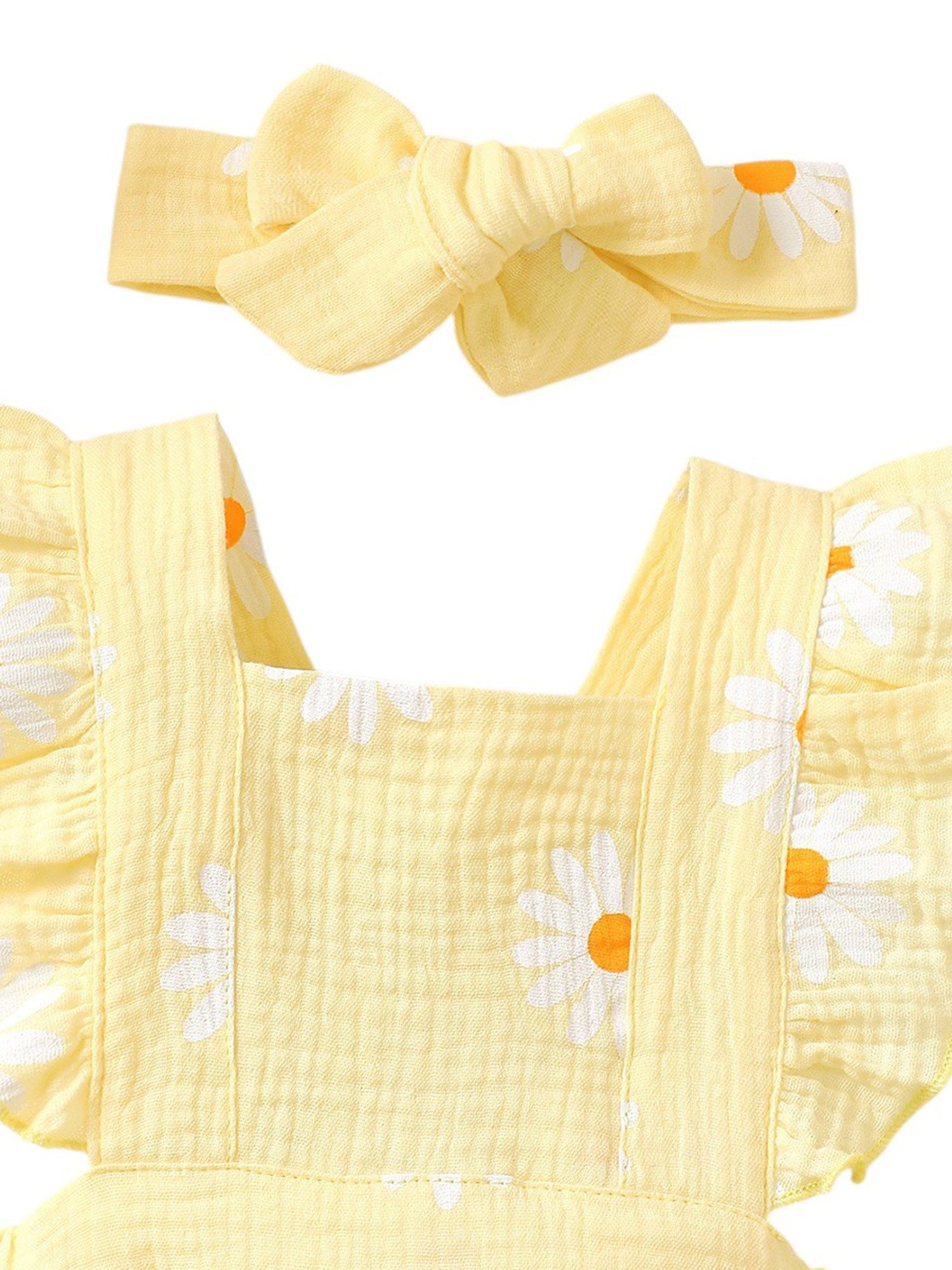 Gluckids Strampler Sommer Outfit für Babymädchen, Body mit Rüschen aus Baumwolle Haarband (Set, 2-tlg) mit Blumenmuster,Krabbelkleidung für Neugeborene, festliche Party