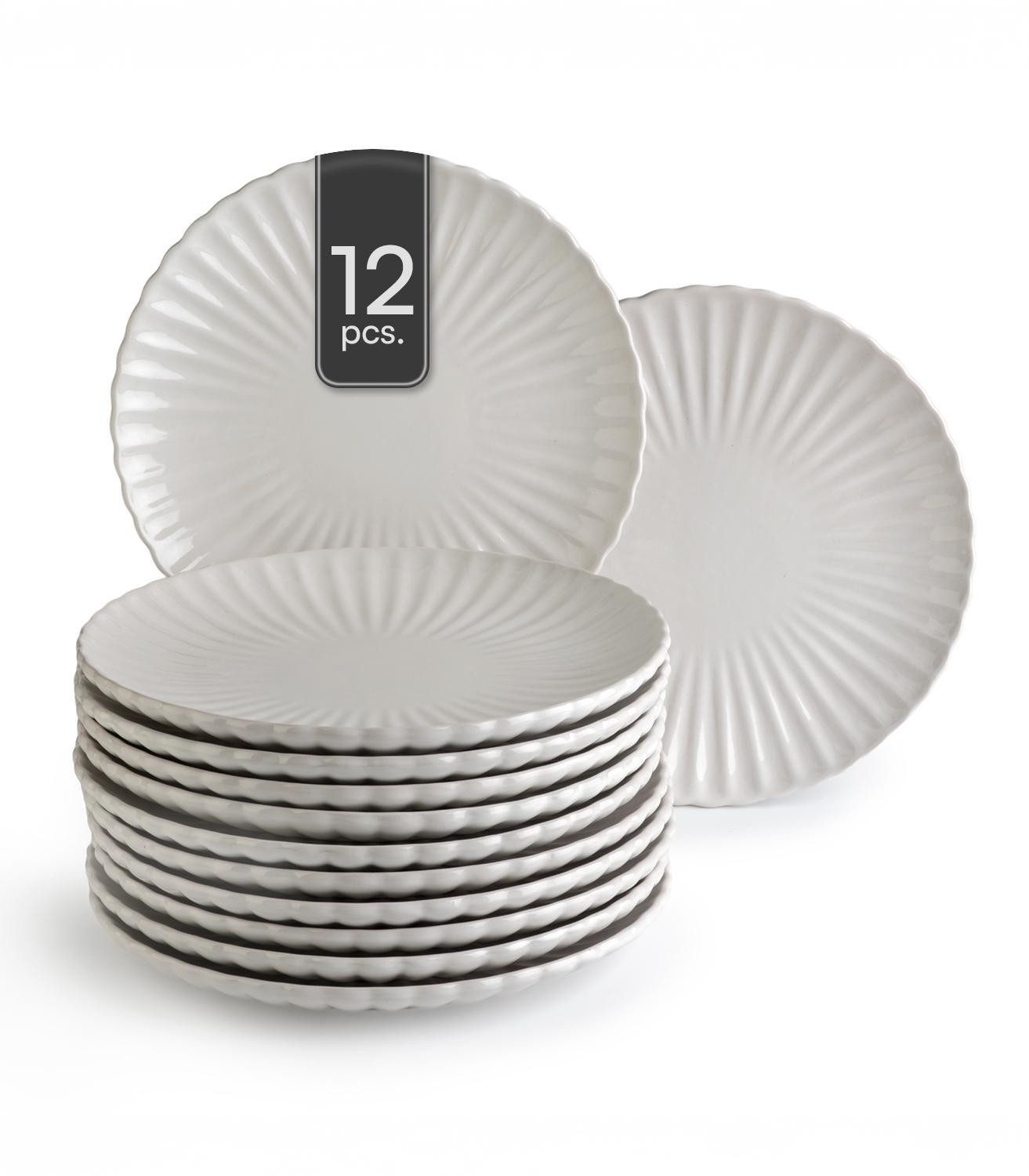 HIT Trading Speiseteller GROOVES, Ø 27 cm, Creme, Steingut, (12 St), Spülmaschinengeeignet