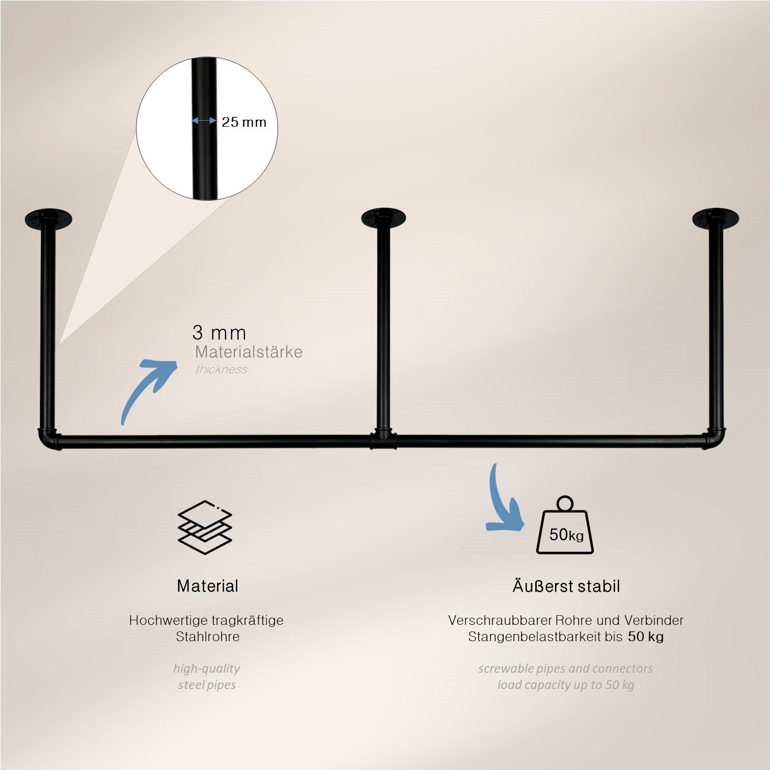 RSR Hangers Kleiderstange Garderobe Industrial Deckenmontage Schwarz Garderobenstange Lovis