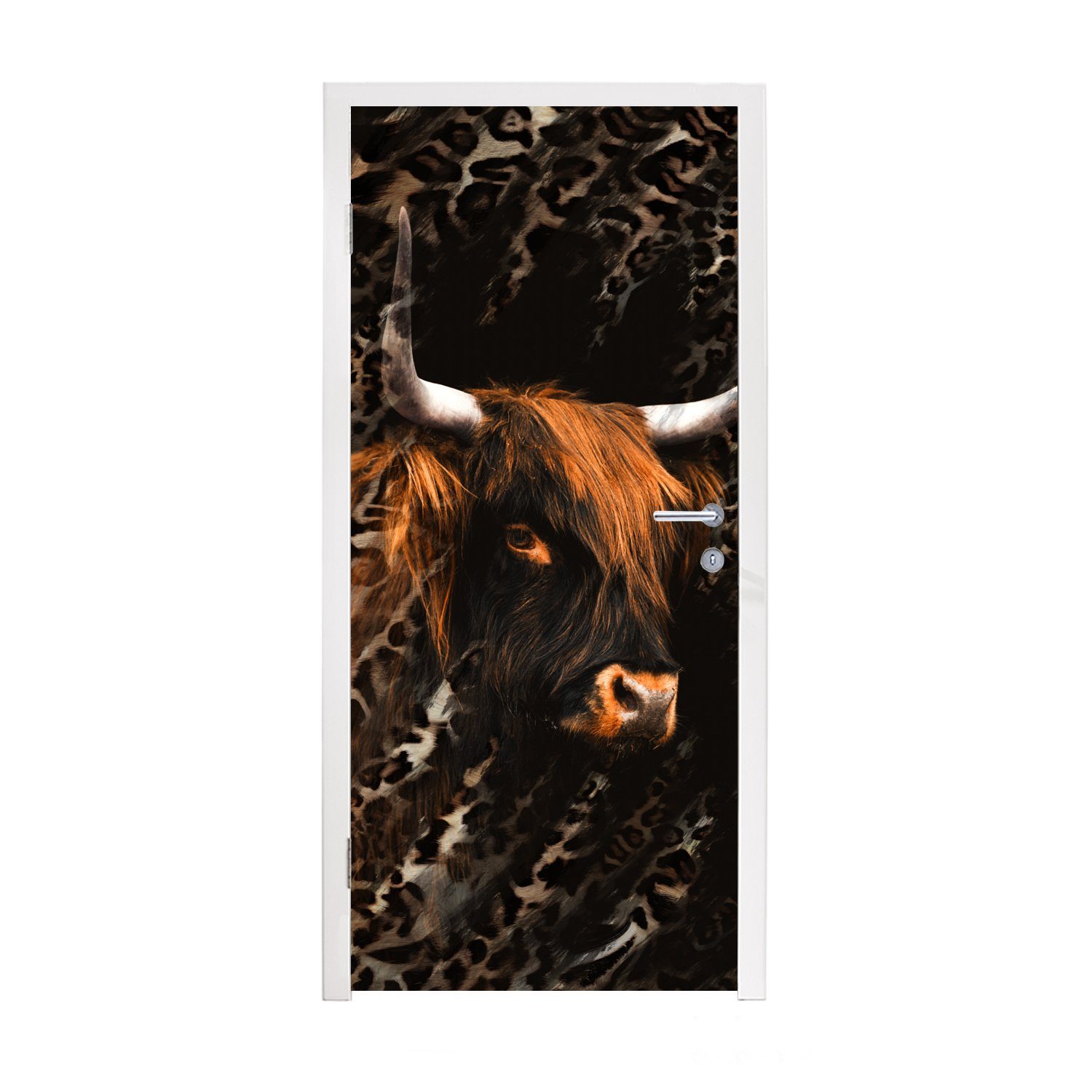 MuchoWow Türtapete Schottischer Highlander - Pantherdruck - Schwarz, Matt, bedruckt, (1 St), Fototapete für Tür, Türaufkleber, 75x205 cm