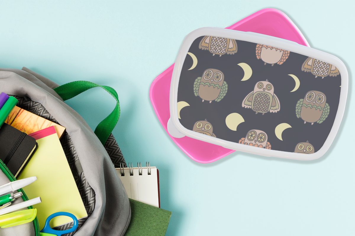 Eule Erwachsene, rosa Mädchen, Brotdose für Brotbox - Kunststoff, (2-tlg), Kunststoff - Lunchbox Mond, Snackbox, Muster Kinder, MuchoWow