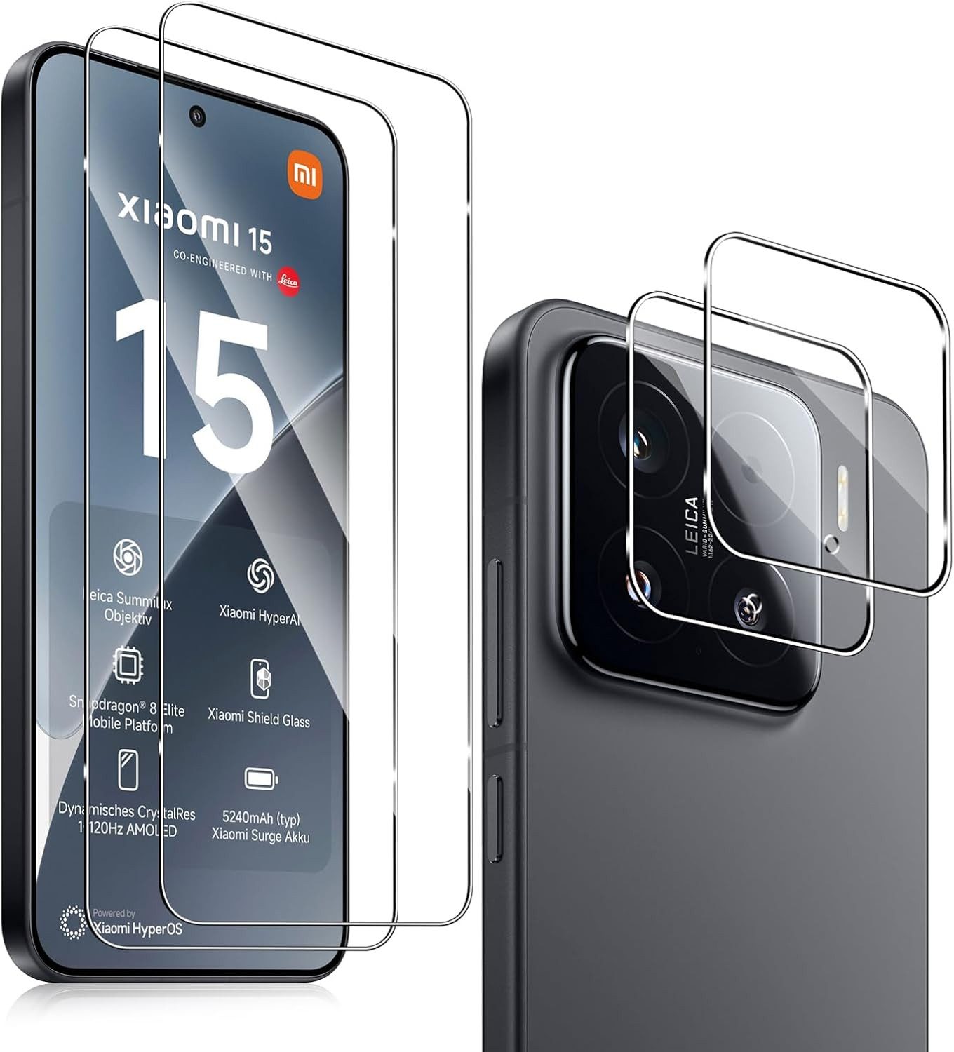 MSM Displayschutzglas 2X Schutzglas (Display + Kamera) für Xiaomi 15 Panzerfolie 9H