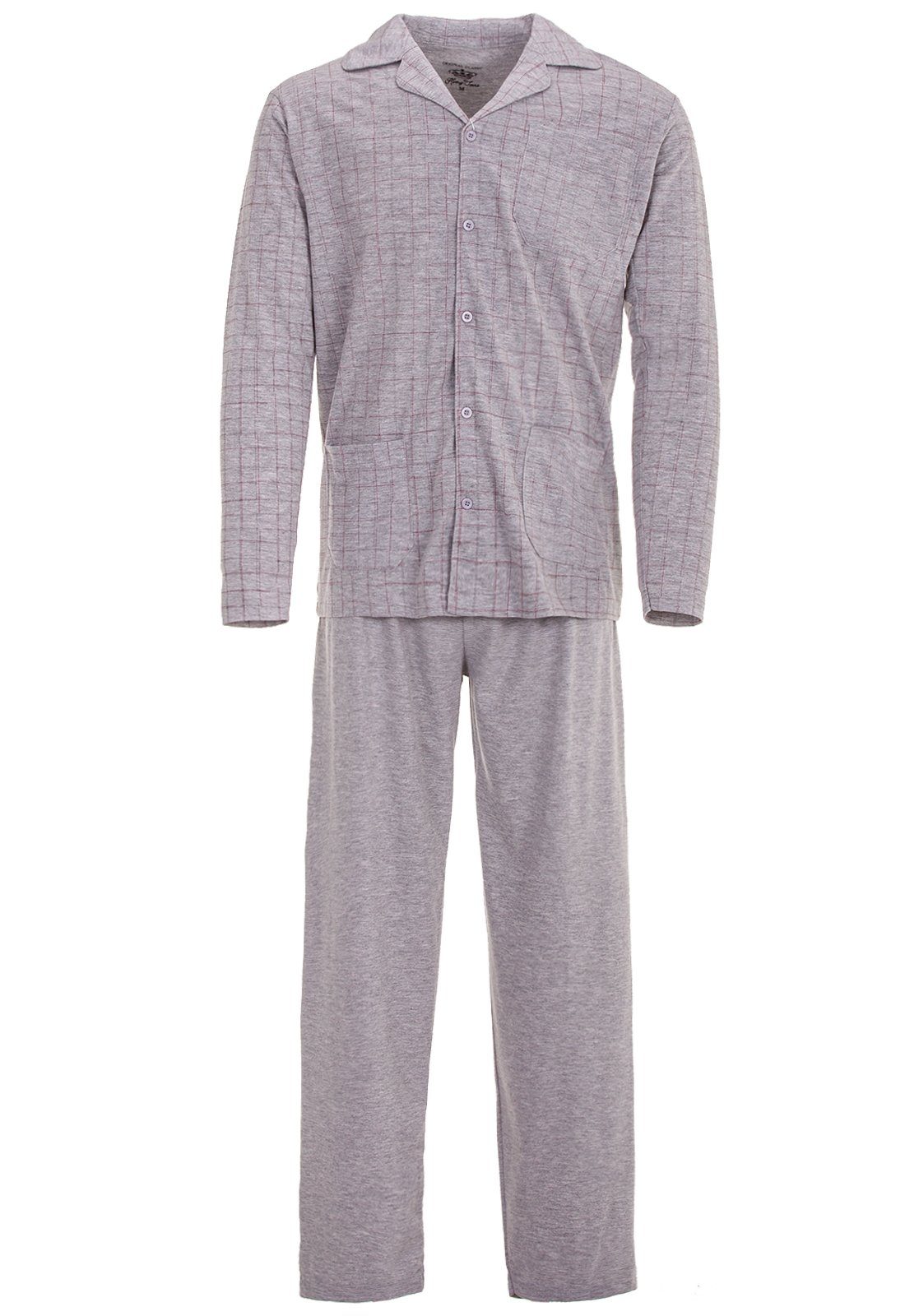 Henry Terre Pyjama Langarm - Hemd durchgeknöpft zarte Karos Hose Unifarben Loungewear