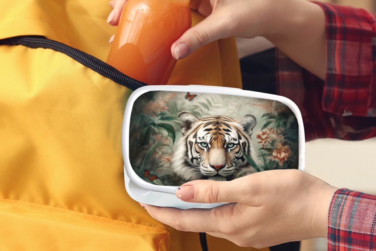 Schmetterlinge Tiere Tiger Jungs für für Kinder - - weiß Lunchbox Blumen, Brotdose, MuchoWow Erwachsene, Kunststoff, - - Mädchen und Dschungel und Brotbox (2-tlg),