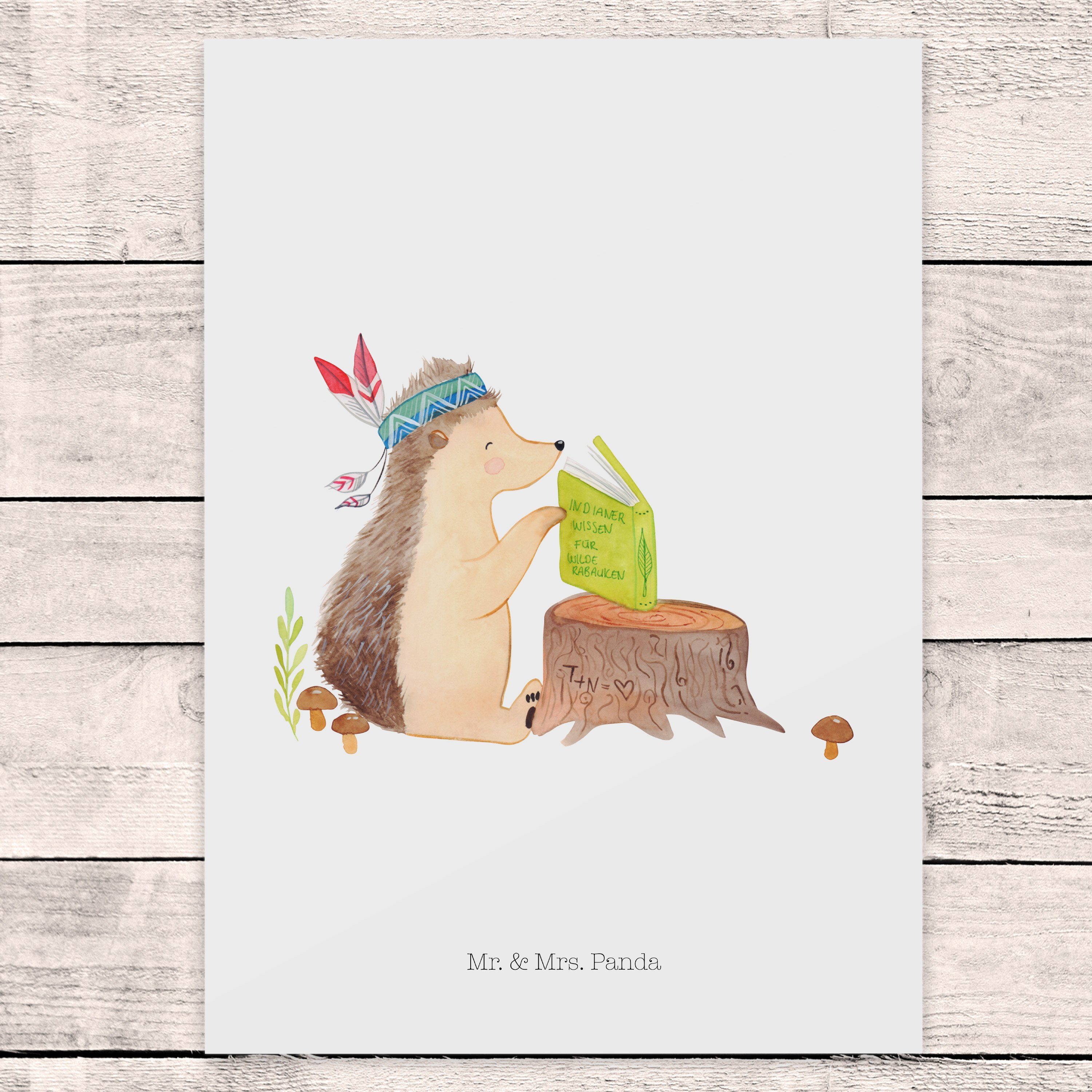 Mr. & Mrs. Postkarte Geschenk, - Federkopfschmuck Camping, Panda mit - Igel Weiß Geschenkkarte