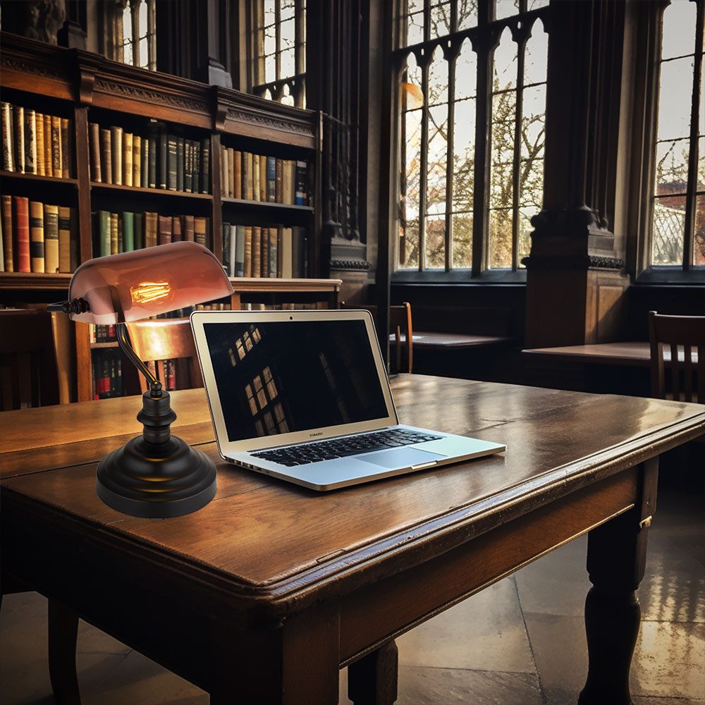 GLOBO LIGHTING Schreibtischlampe, Leuchtmittel nicht inklusive, Tischleuchte Wohnzimmerlampe Metall Glas kupferfarben E27 H 36 cm