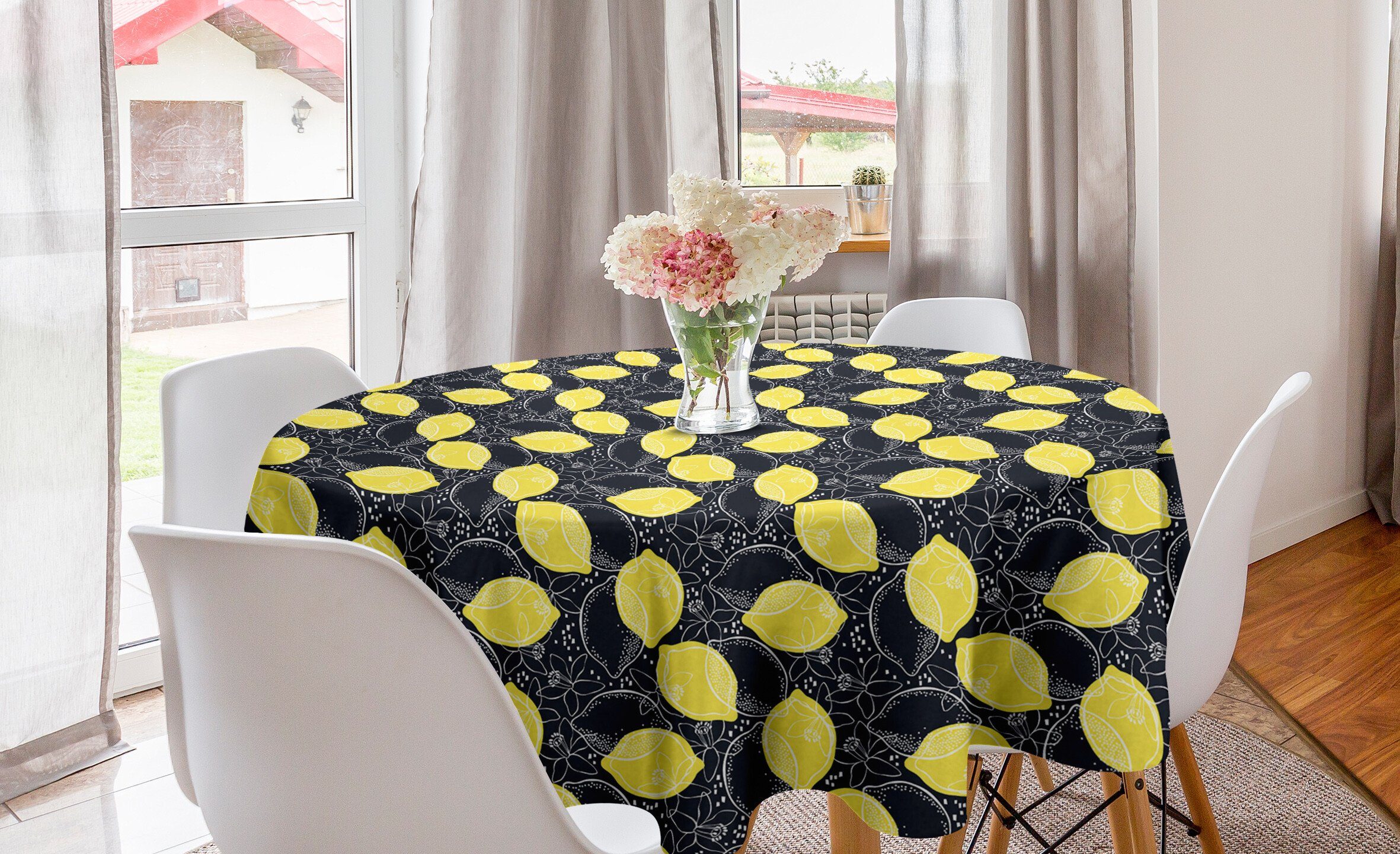 und Kreis Zitronen Küche Tischdecke Abdeckung Dekoration, Abakuhaus Früchte Blüten Zeichnungen für Esszimmer Tischdecke