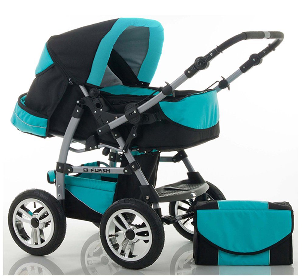 Flash Kombi-Kinderwagen - 14 Teile Kinderwagen-Set 2 Farben in babies-on-wheels 18 in 1 - Schwarz-Türkis