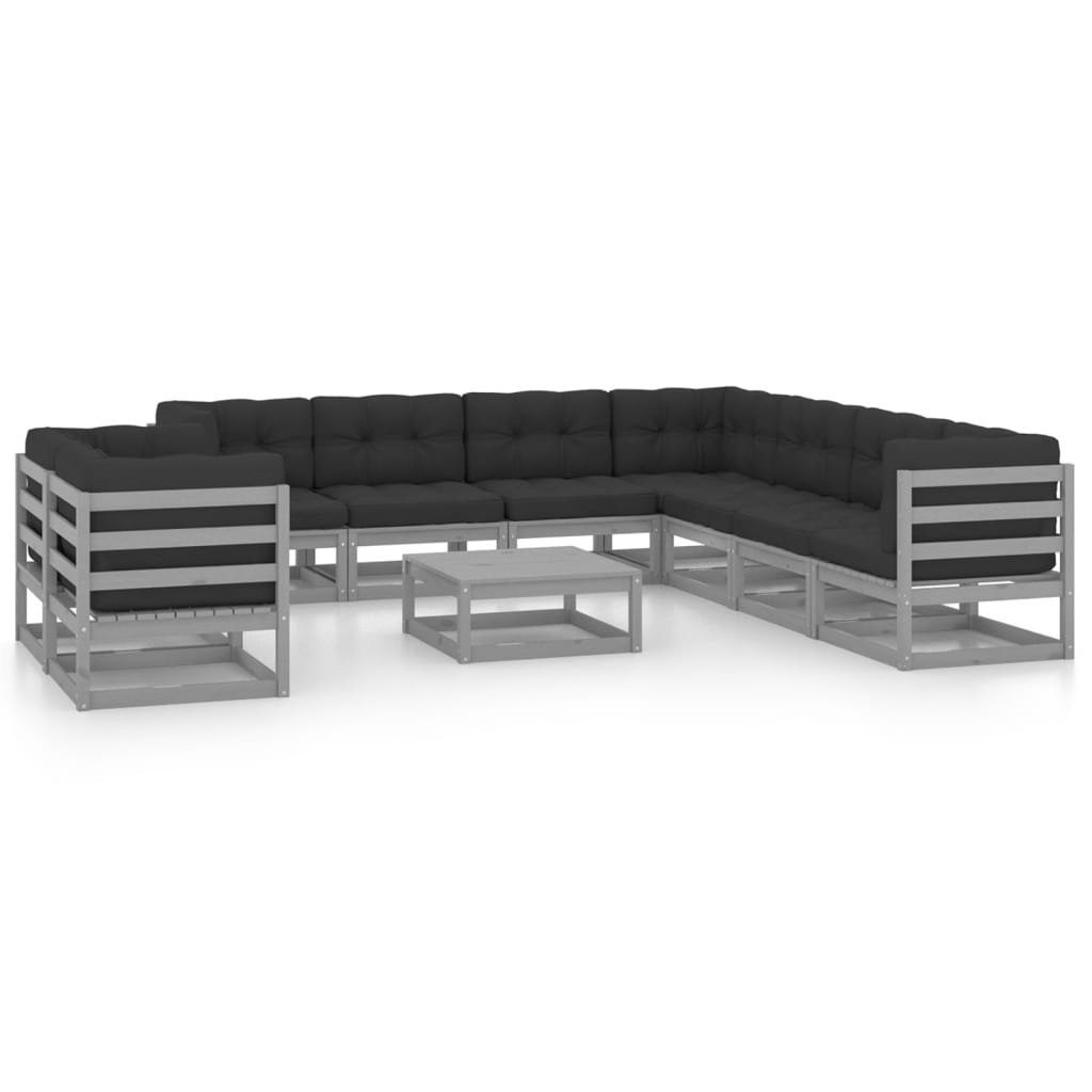 vidaXL Gartenlounge-Set 10-tlg. Garten-Lounge-Set mit Kissen Grau Massivholz Kiefer, (1-tlg)