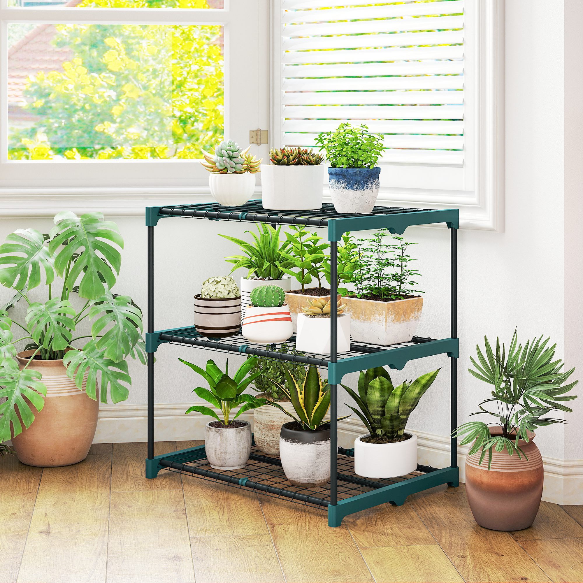 Outsunny Pflanzentreppe Pflanzenregal 3-Etagen mit Regalböden, aus Stahl, Blumenregal (Blumenständer, 1 St., Pflanzenständer), für Garten Balkon Deko, Dunkelgrün