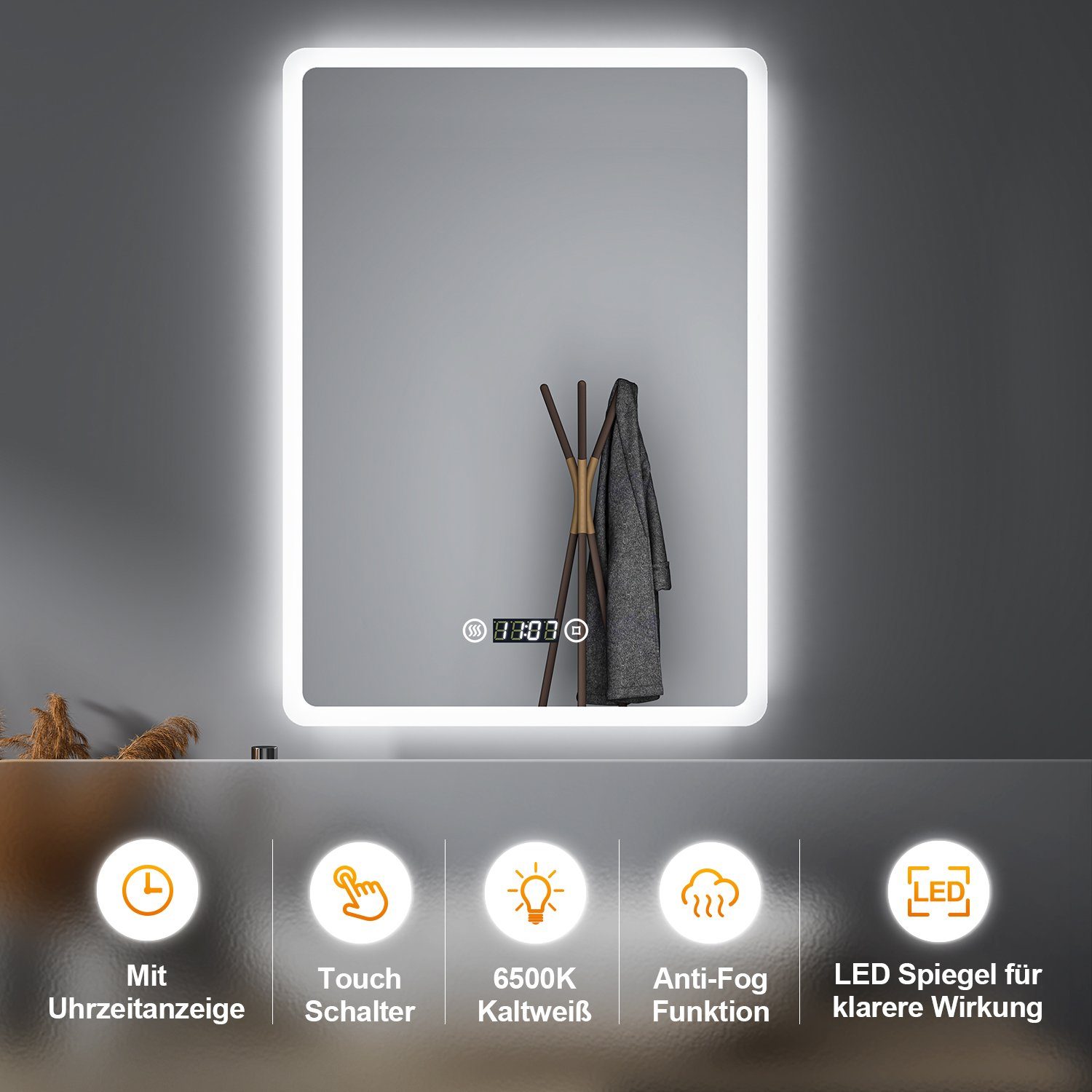 WDWRITTI Badspiegel LED Wandspiegel Touch Badezimmerspiegel spiegel Bad mit Beleuchtung (Lichtspiegel, Spiegel Badezimmer Wand, 80x60 50x70 cm Kaltweiß), energiesparender,IP44