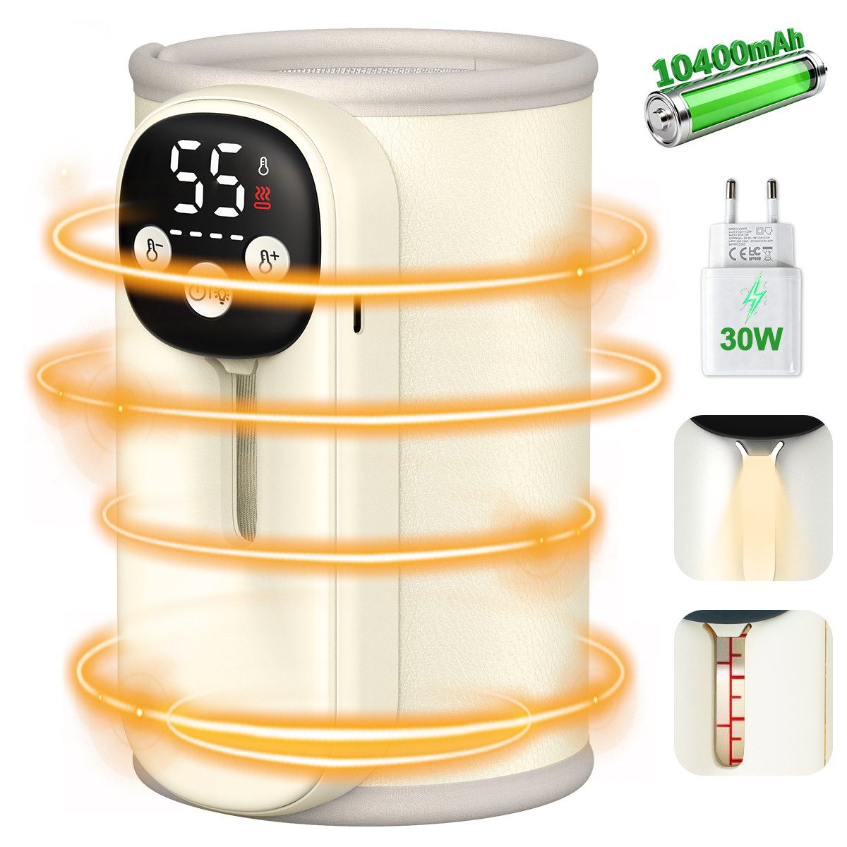 Novzep Babyflaschenwärmer Tragbarer Flaschenwärmer Akku 10400mAh mit Nachtlicht, 30W Adapter, Babyfläschchenwärmer für PKW,Sichtfenster