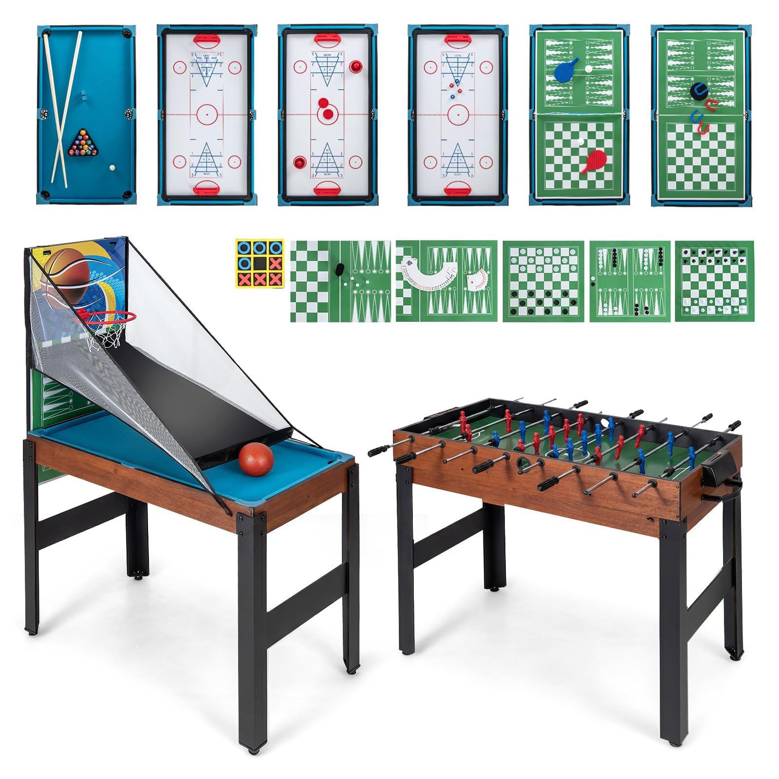 COSTWAY Kickertisch 15 in 1, Spieltisch Multifunktionstisch 109x105x90,5cm
