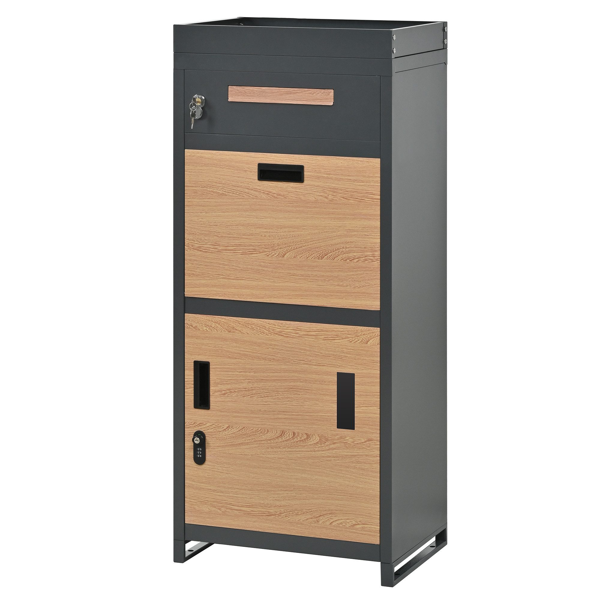 Refined Living Paketbriefkasten Paketbriefkasten mit Pflanzkasten, abschließbar, Stahl Outdoor (Standbriefkasten Outdoor 118,5 cm, Grau Holzoptik, verzinkter Stahl, wetterfest, rostfrei, mit Zahlenschloss, großes Fassungsvermögen, 1-St., integrierter Pflanzkasten, sichere Paketaufbewahrung), modernes Design für Hauseingang, Garten und Terrasse