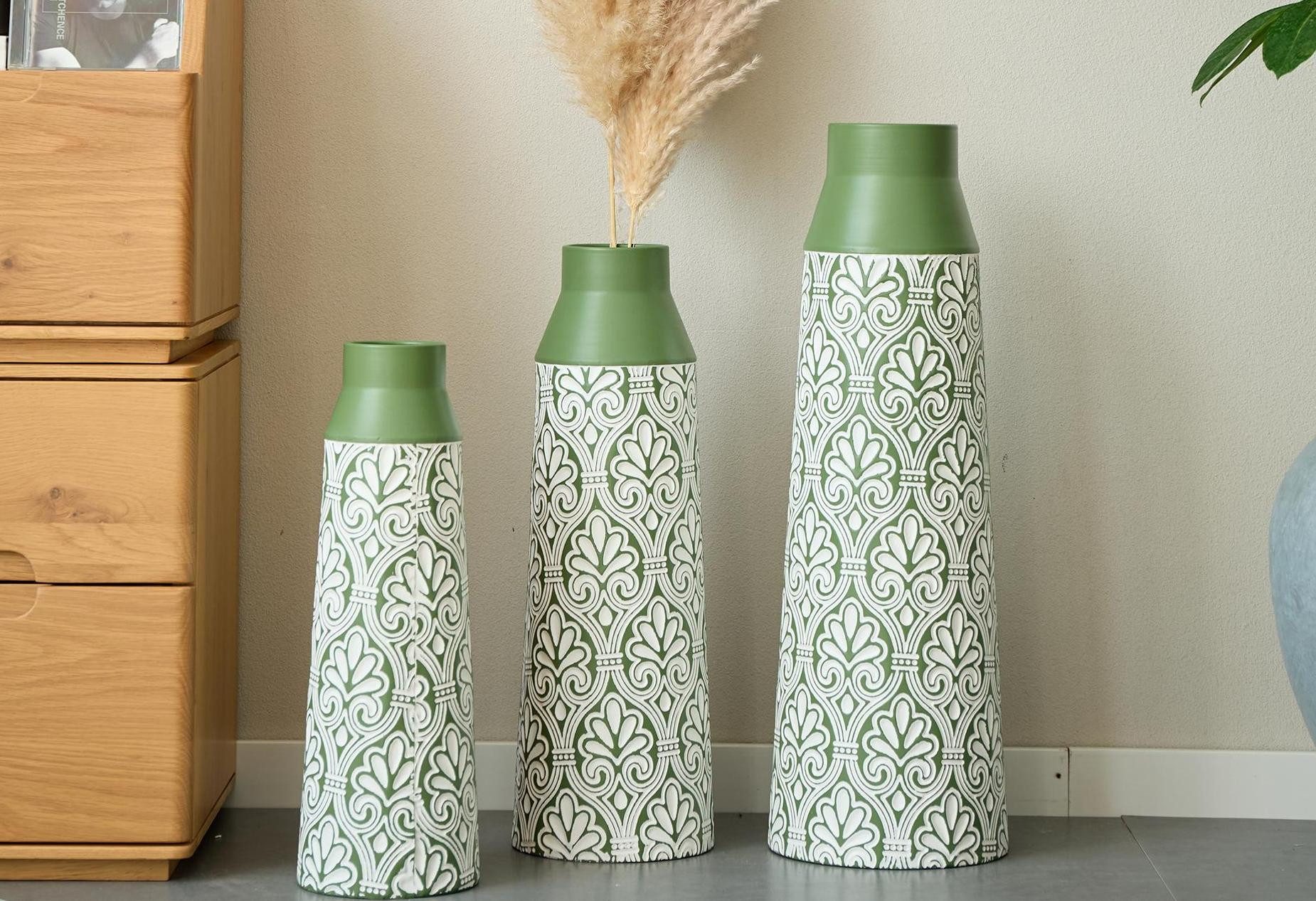 LVHOM Dekovase Bodenvase, Tischvase, 3 tlg. Geometrisches Metall-Vasen-Set, Trapez (drei Höhen (43.5 cm, 51 cm, 61 cm), Handgefertigt aus Metall. Langlebig & makellos. Exklusiv für Trockenblumen/Pampas & Stil, Ideal als Raumteiler, Pflanzübertopf, Solitärobjekt kreativ gestapelt)