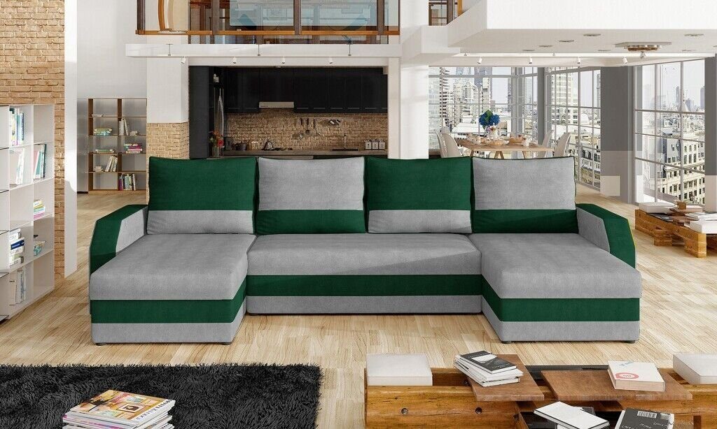 JVmoebel Ecksofa Eck Stoff Ecksofa U-Form Sofa Couch Design Textil Couch, Made in Europe Grau/Grün