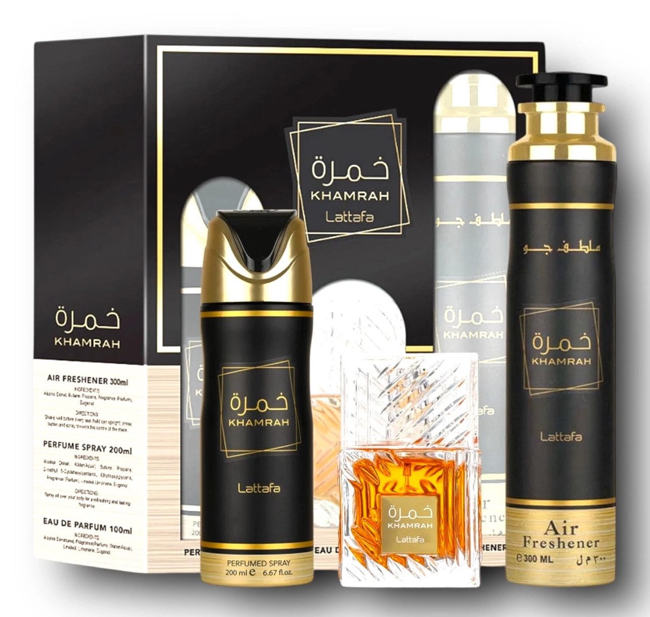 Eau de Parfum Khamrah Giftset, Luxuriöses 3er-Set: Parfum, Deo & Raumduft