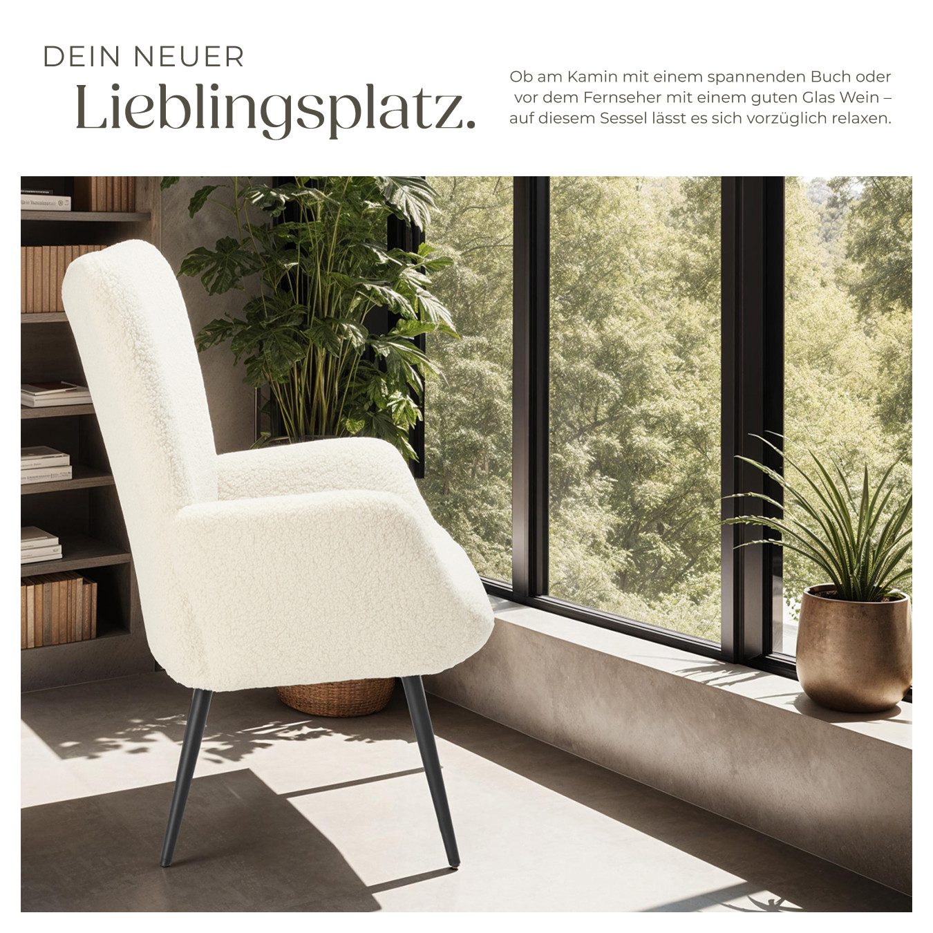 tectake Relaxsessel Polstersessel, bodenschonend, Belastbarkeit 150 kg, 72 x 76 x 100,5 (Fernsehsessel Hygge, in Bouclé Creme/Schwarz), gepolstert, Armlehnen und ergonomische Rückenlehne, runde Stahlbeine