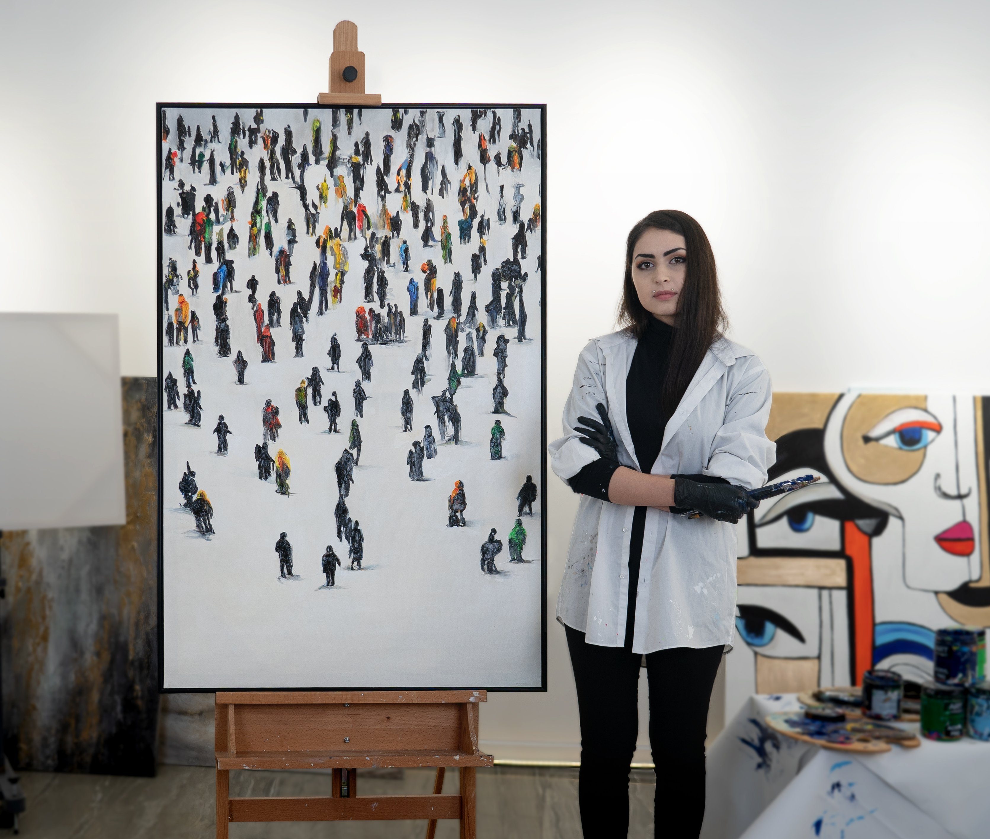 Menschen YS-Art in Kollektive Bewegung, Gemälde Rahmen Schwarz Mit