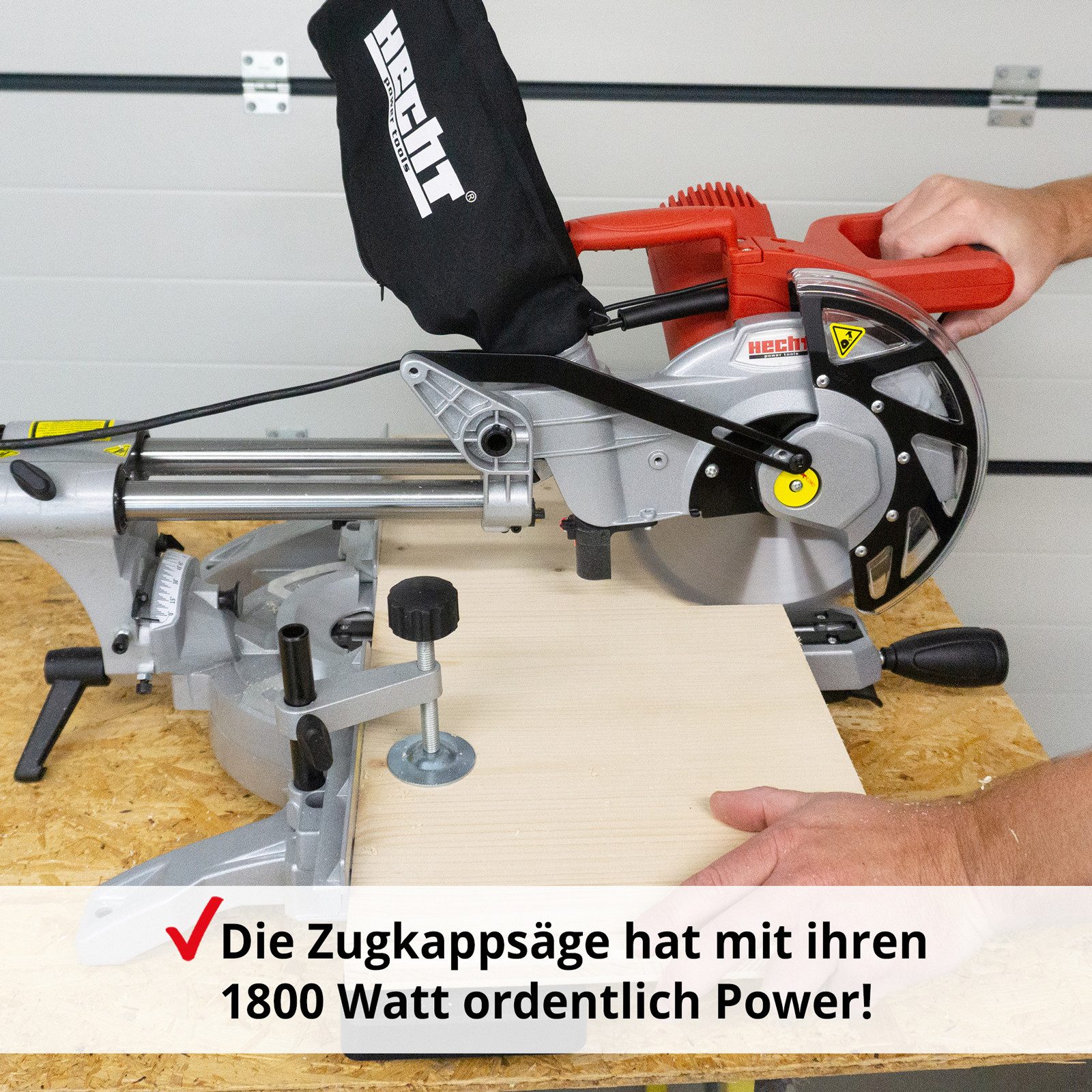 Hecht Zug-, Kapp- und Gehrungssäge 828 mit 4900 U/min 1800 W, 210 mm Hartmetall-Sägeblatt