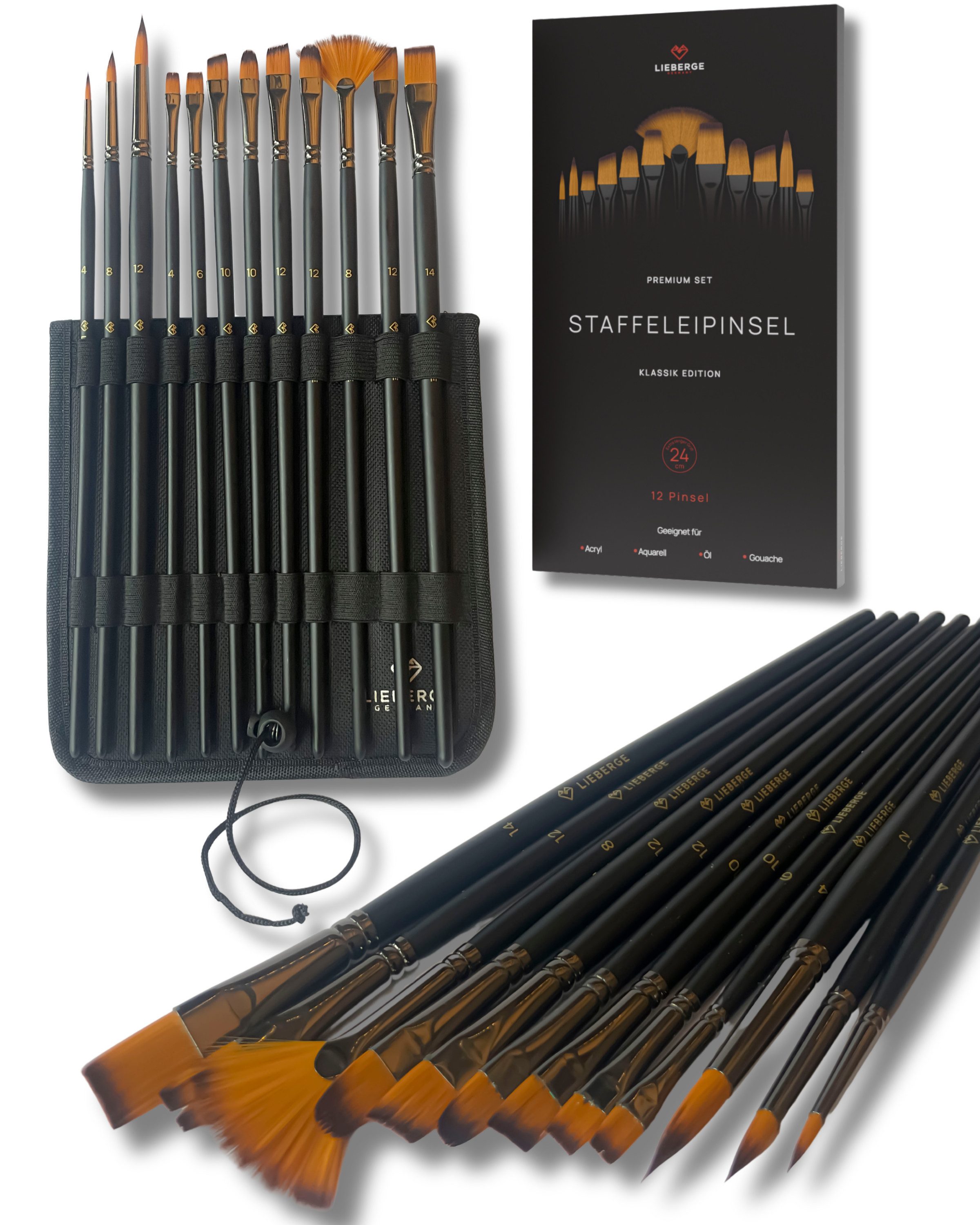 LIEBERGE Malpinsel Premium Set – 12 Langpinsel für Acryl, Aquarell, Öl, inkl. Präsenter, (Set, 12 St., Pinselpräsenter, Flachpinsel, Fächerpinsel, Rundpinsel, Schrägpinsel), langer Stiel, Synthetikhaar, vegan, hohe Farbaufnahme, Profis