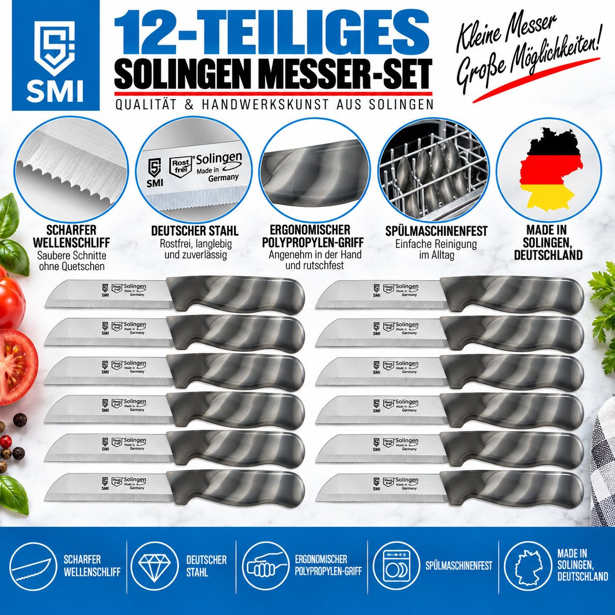 SMI Schälmesser Solingen Obstmesser Wellenschliff 12-tlg Küchenmesser Gemüsemesser – Bild 3 von 5
