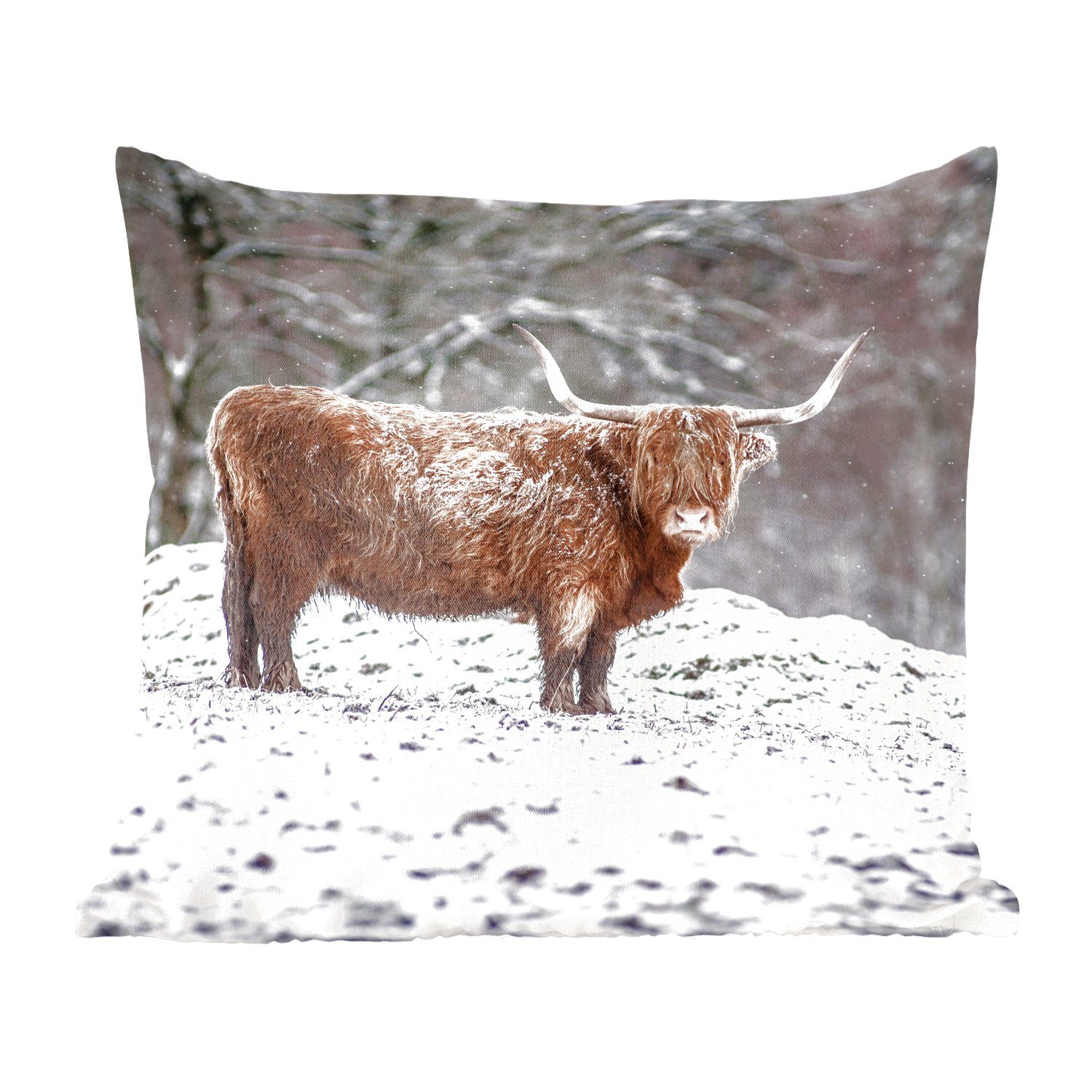 Schlafzimmer, Schnee, Baum - Schottischer Zierkissen Sofakissen Highlander MuchoWow - Dekokissen Deko, Wohzimmer, Füllung mit für