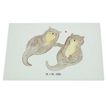 Mr. & Mrs. Panda Servierbrett Otter händchenhaltend - Weiß - Geschenk, Schneidebrett, Glasschneideb, Premium Glas, (1-St)