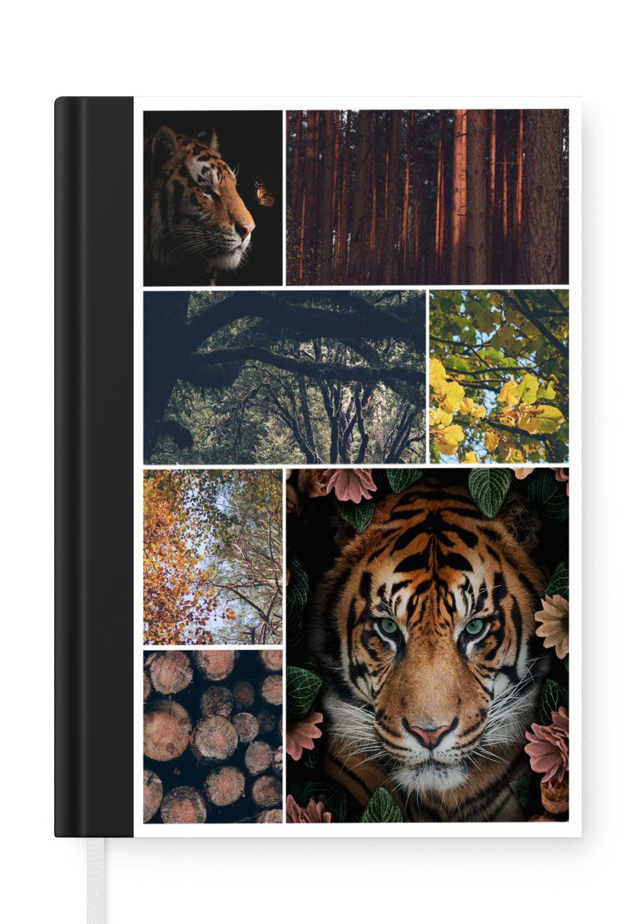 MuchoWow Notizbuch Tiger - Collage - Bäume - Blumen, Journal, Merkzettel, Tagebuch, Notizheft, A5, 98 Seiten, Haushaltsbuch | Notizbücher