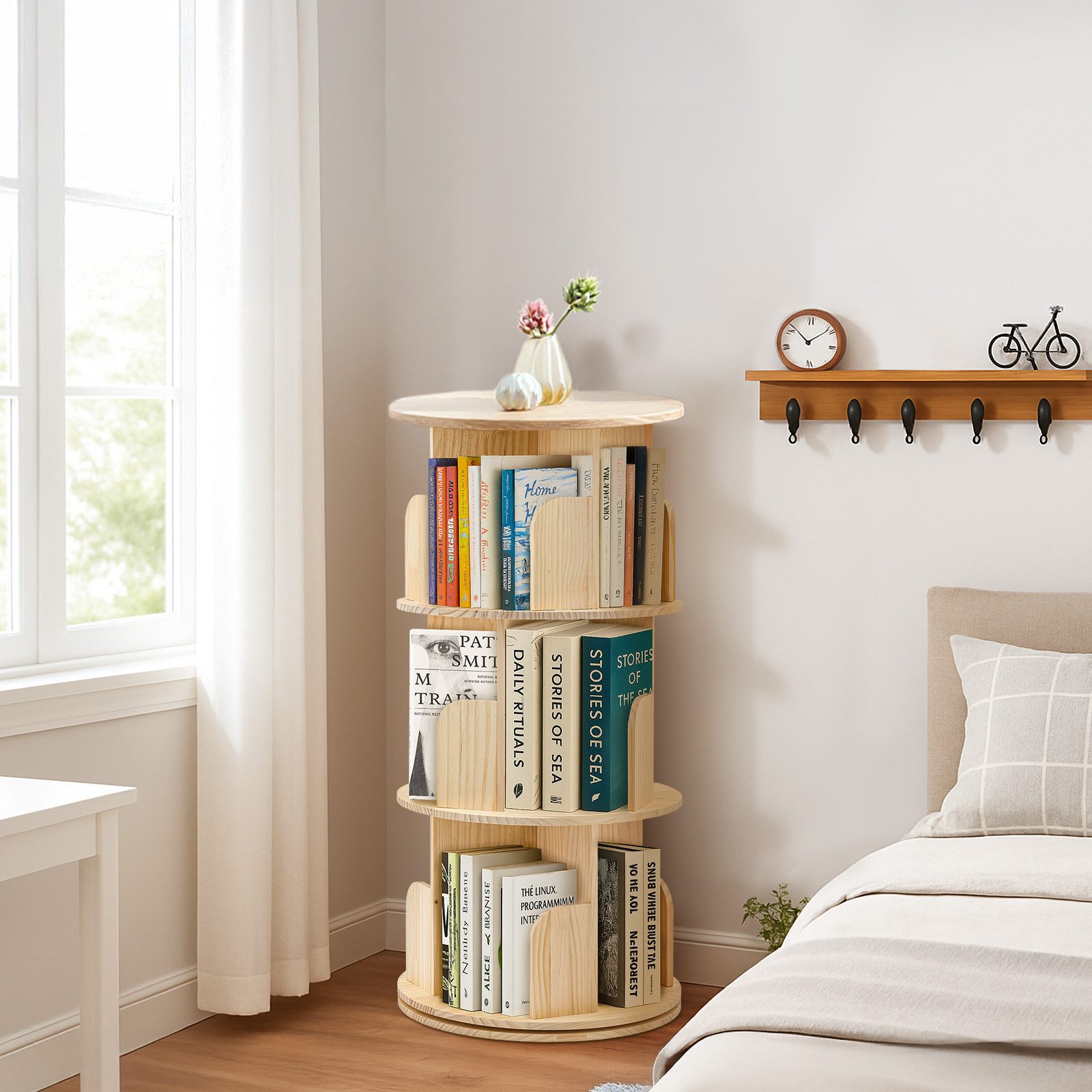 Youyijia Bücherregal 3/4/5-stöckig, Drehregal aus Kiefernholz Naturholzfarbe – Bild 5 von 5