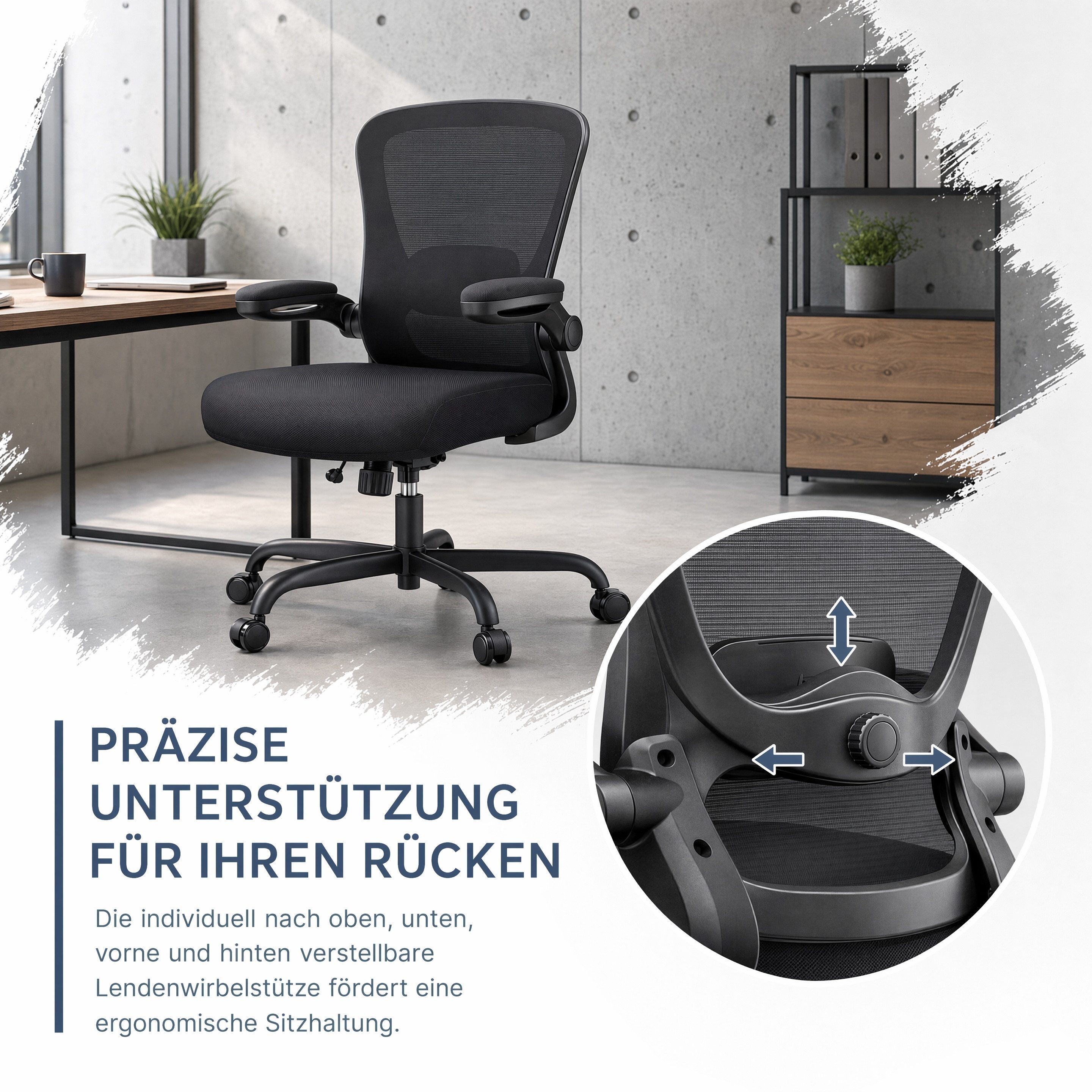 Marsail Bürostuhl Ergonomischer – Schreibtischstuhl Mesh mit 3D-verstellbaren Armlehnen (4-fach verstellbarer Lendenwirbelstütze, Mesh-Rückenlehne), Höhenverste – Bild 4 von 5