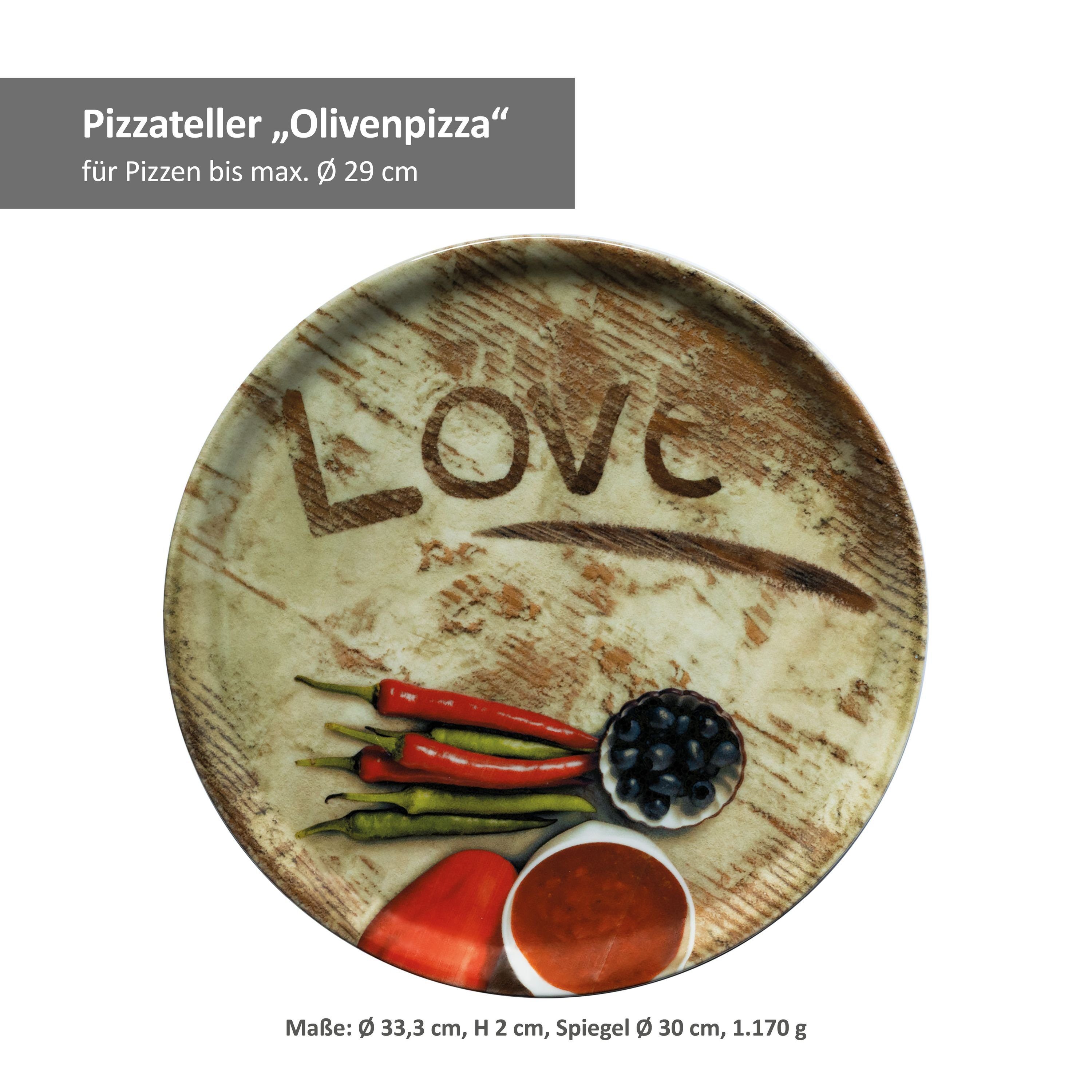 Salami Pizzateller + MamboCat 33cm + Set Flour Pizzateller 6er Olive Lieblingspizza