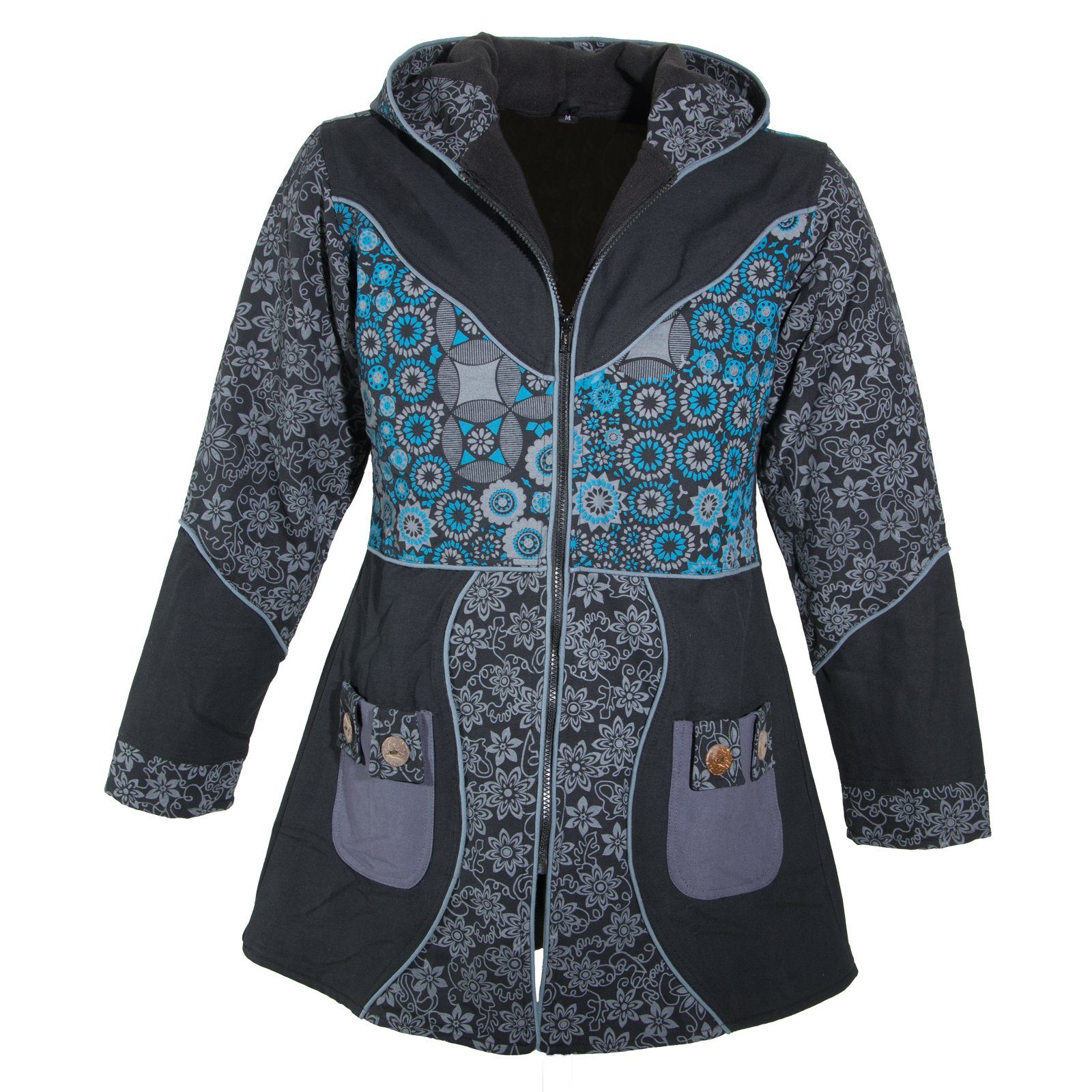 KUNST UND MAGIE Langjacke Kunst und Magie Damenmantel + Kapuze Blumenmuster Jacke Baumwolle Boho