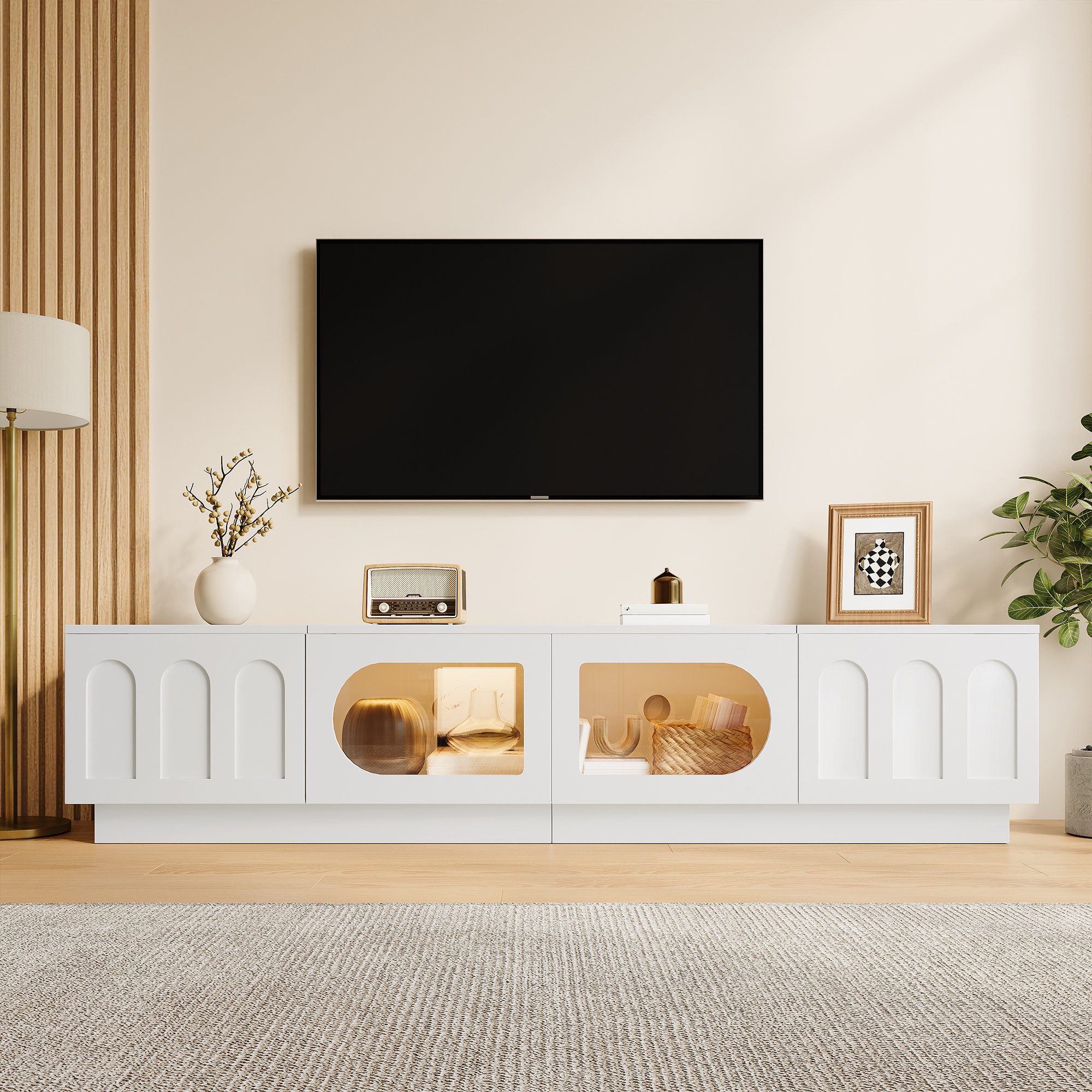 Odikalo TV-Schrank Lowboard Fernsehschrank mit LED BogenreliefTüren Glasscheiben (TV Lowboard TV Board mit 4 Türen LED Licht APP Steuerung Glastür Bogentür Kabeldurchlass Wohnzimmer)