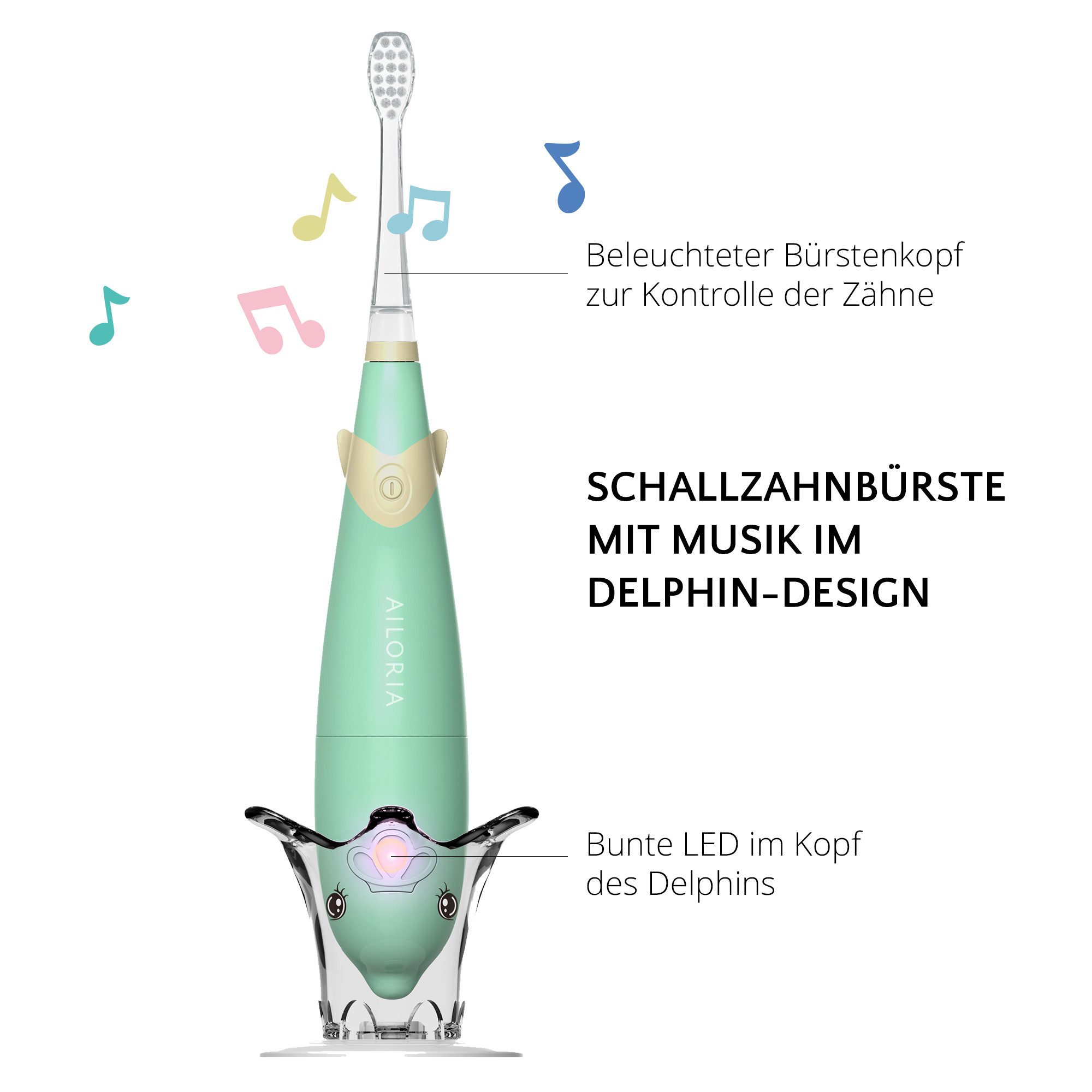 AILORIA Elektrische Kinderzahnbürste BUBBLE BRUSH Kinder-Schallzahnbürste, Schallzahnbürste in buntem Design, LED & Musik für Kinder – Bild 3 von 5