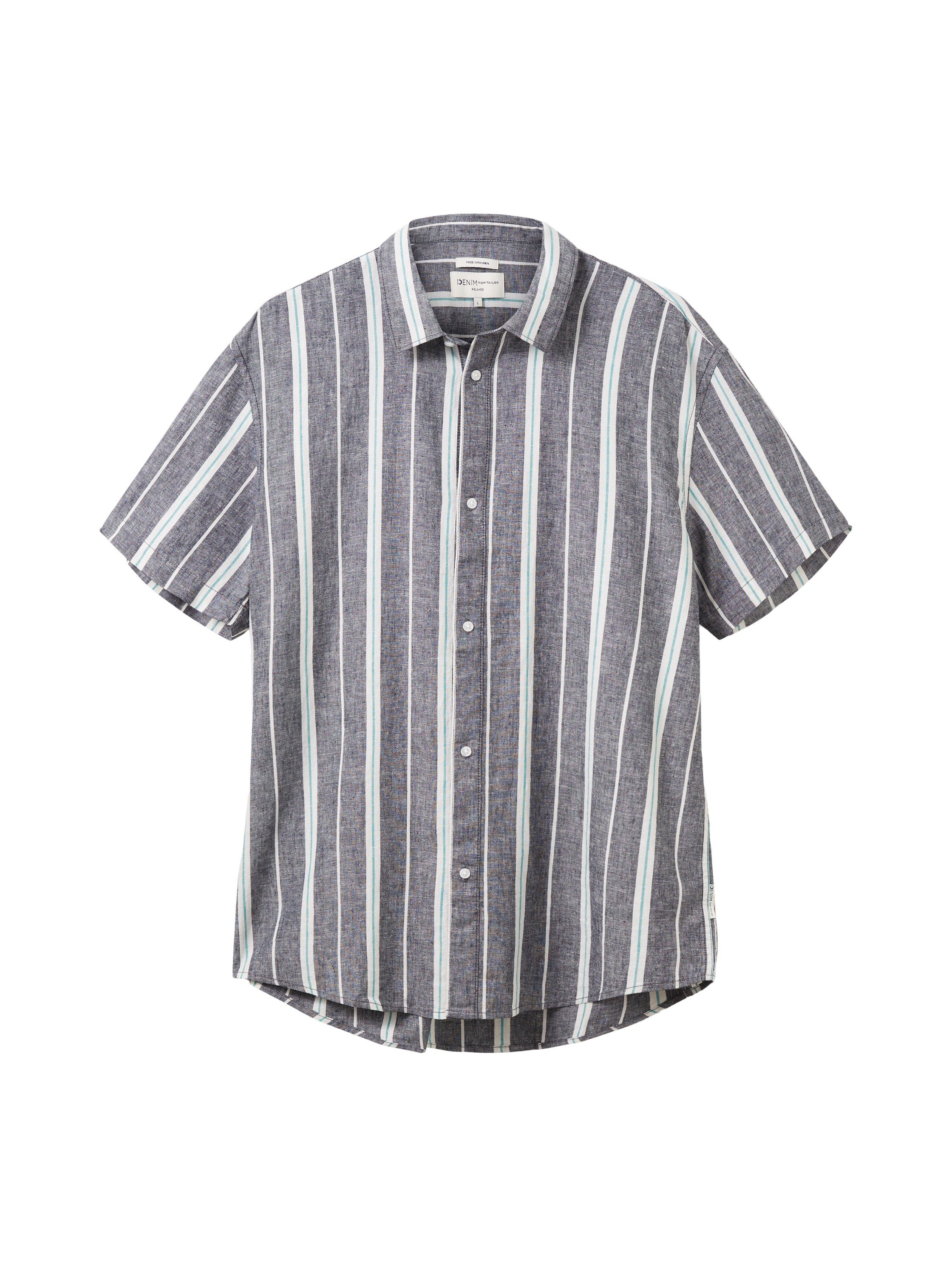 Denim TAILOR Streifenhemd Ärmeln mit TOM kurzen grau-weiß