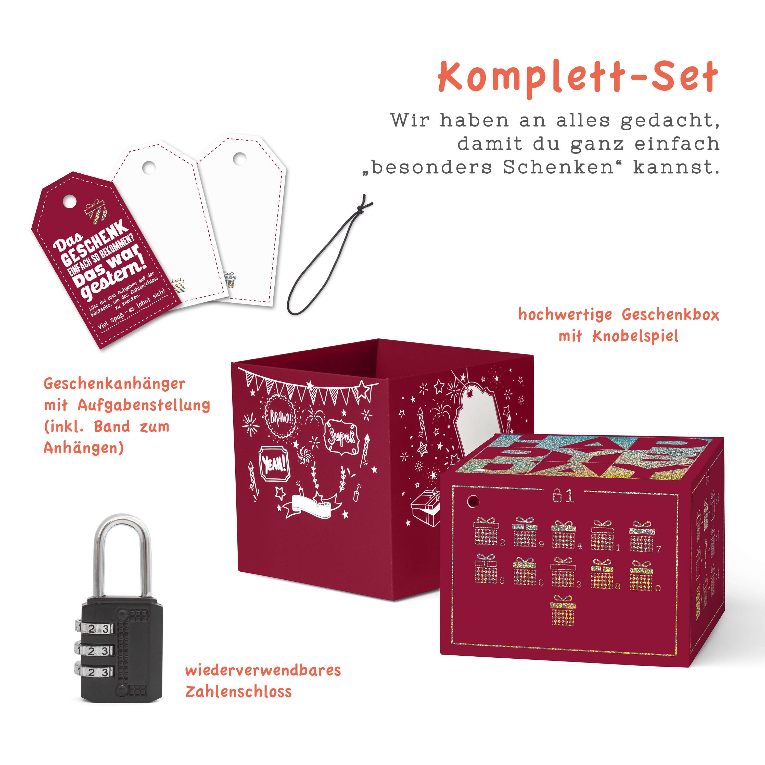 SURPRISA Geschenkbox Rätsel-Geschenkbox Happy Birthday mit Glitzer, originelle Geburtstagsbox mit Zahlenschloss zum Geburtstag