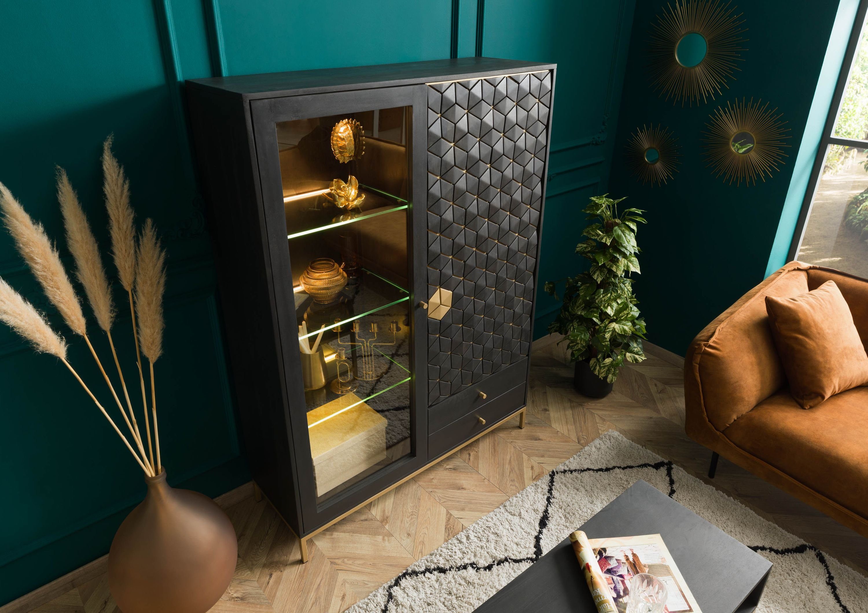 Massivmoebel24 Highboard DIAMOND (Massivholz), Mango 120x40x165 grau geölt DIAMOND #117